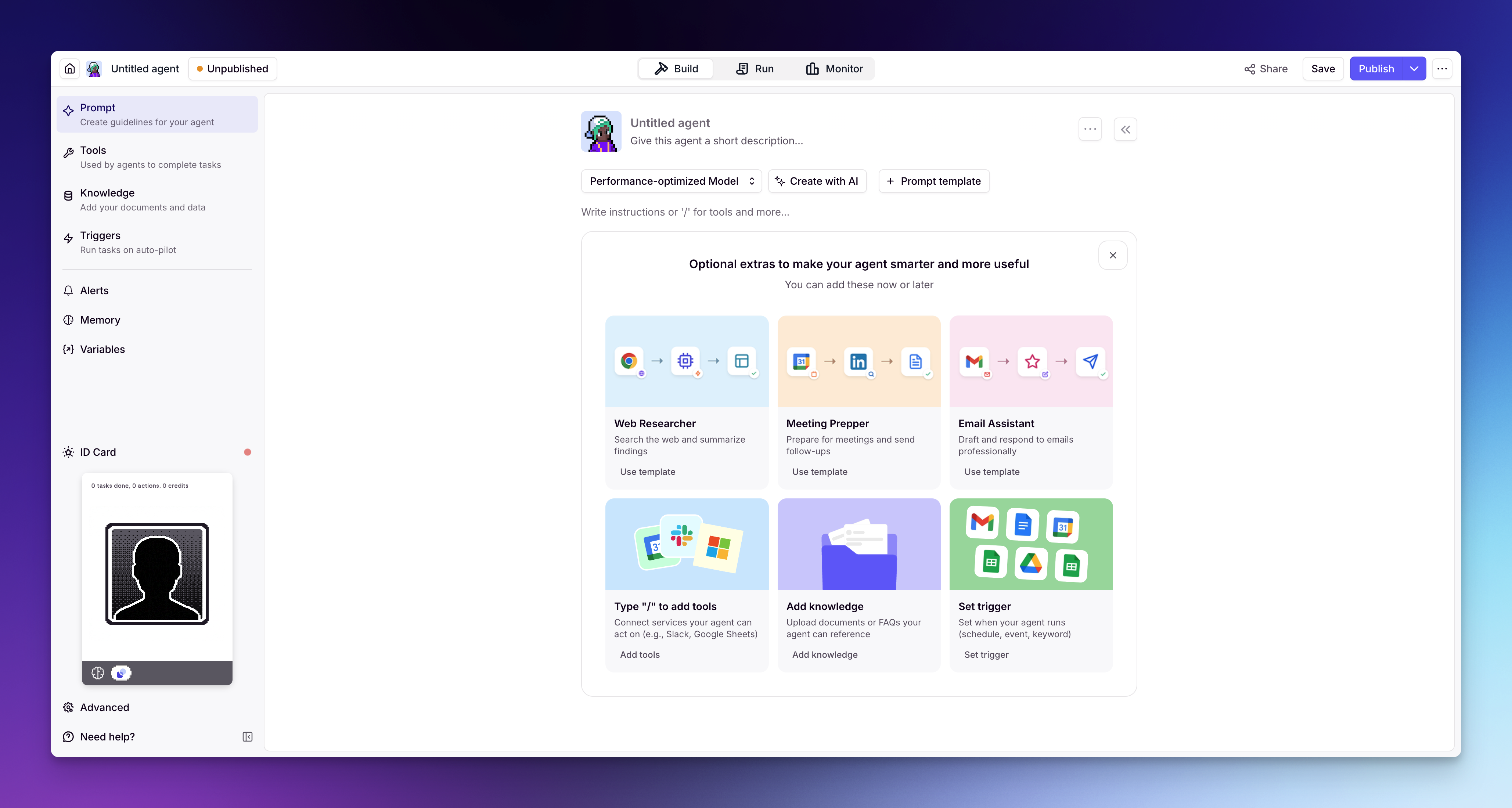 The builder platform — where you create and configure Agents, Tools, Knowledge, and Workforces.
