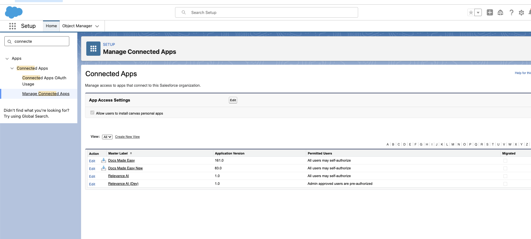 Manage Connected Apps page listing Relevance AI