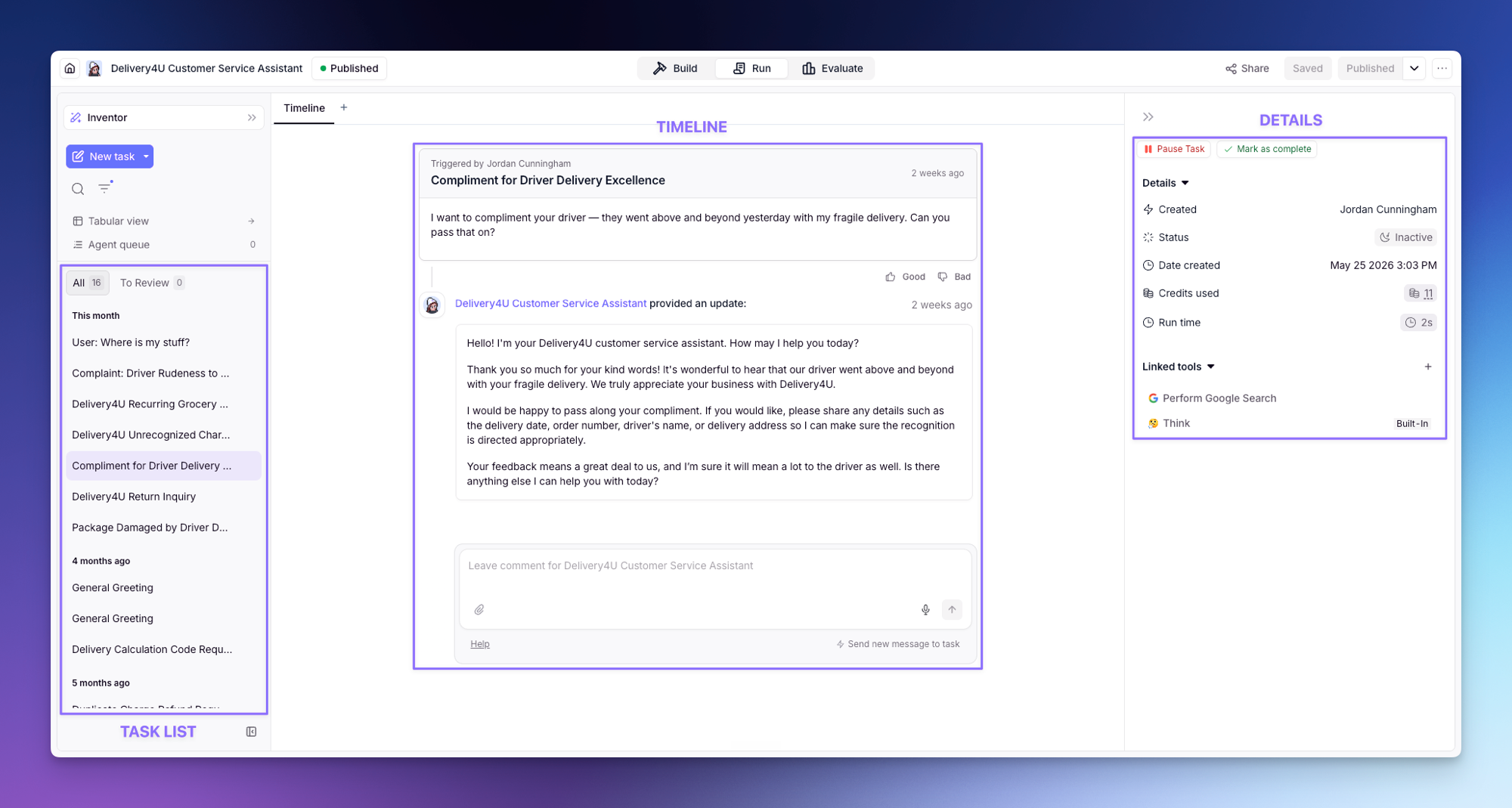 A Task open in the Run tab, with the Task list on the left, the Timeline in the center, and the details on the right