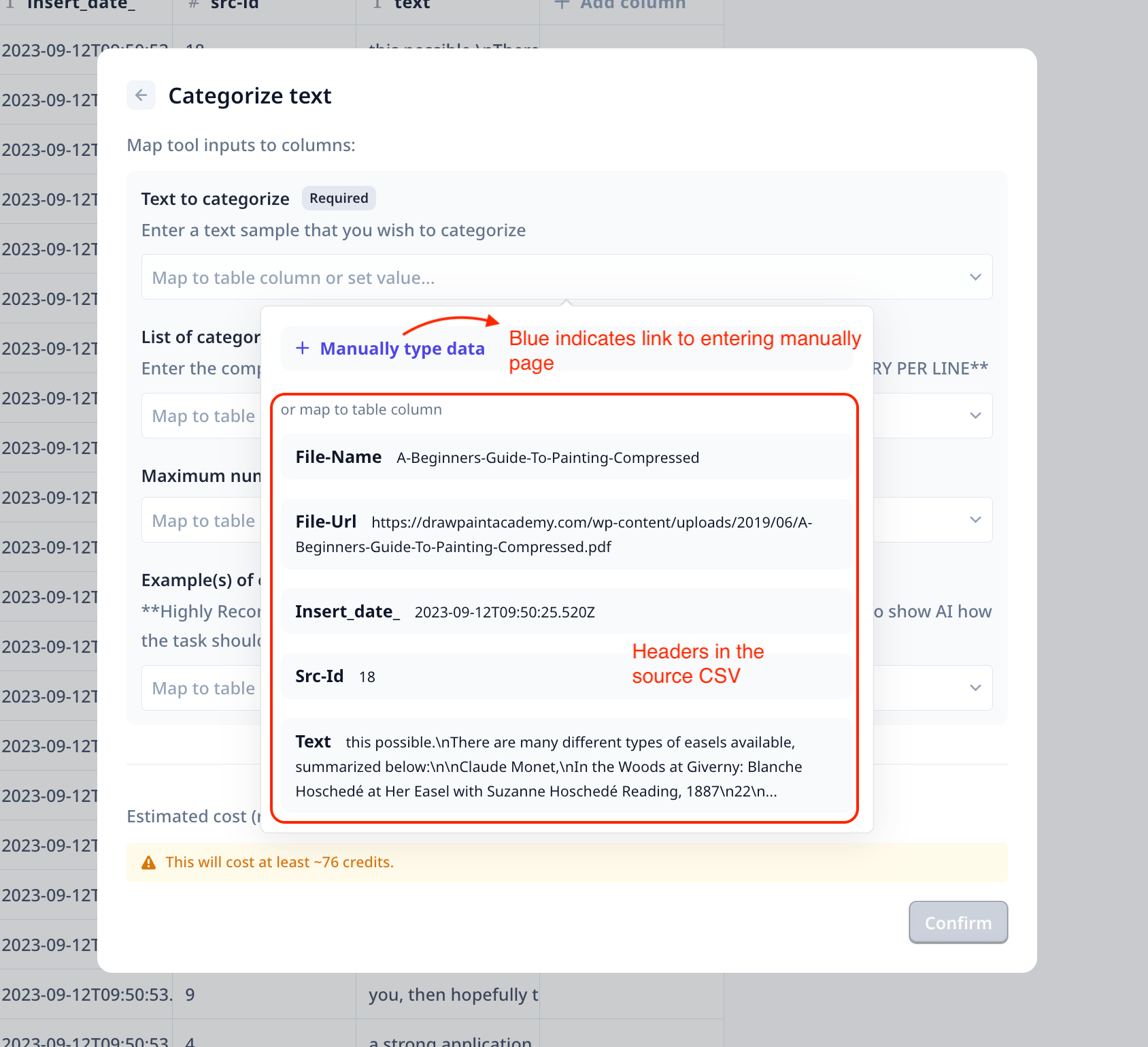 Input mapping — map to a table column or manually type data