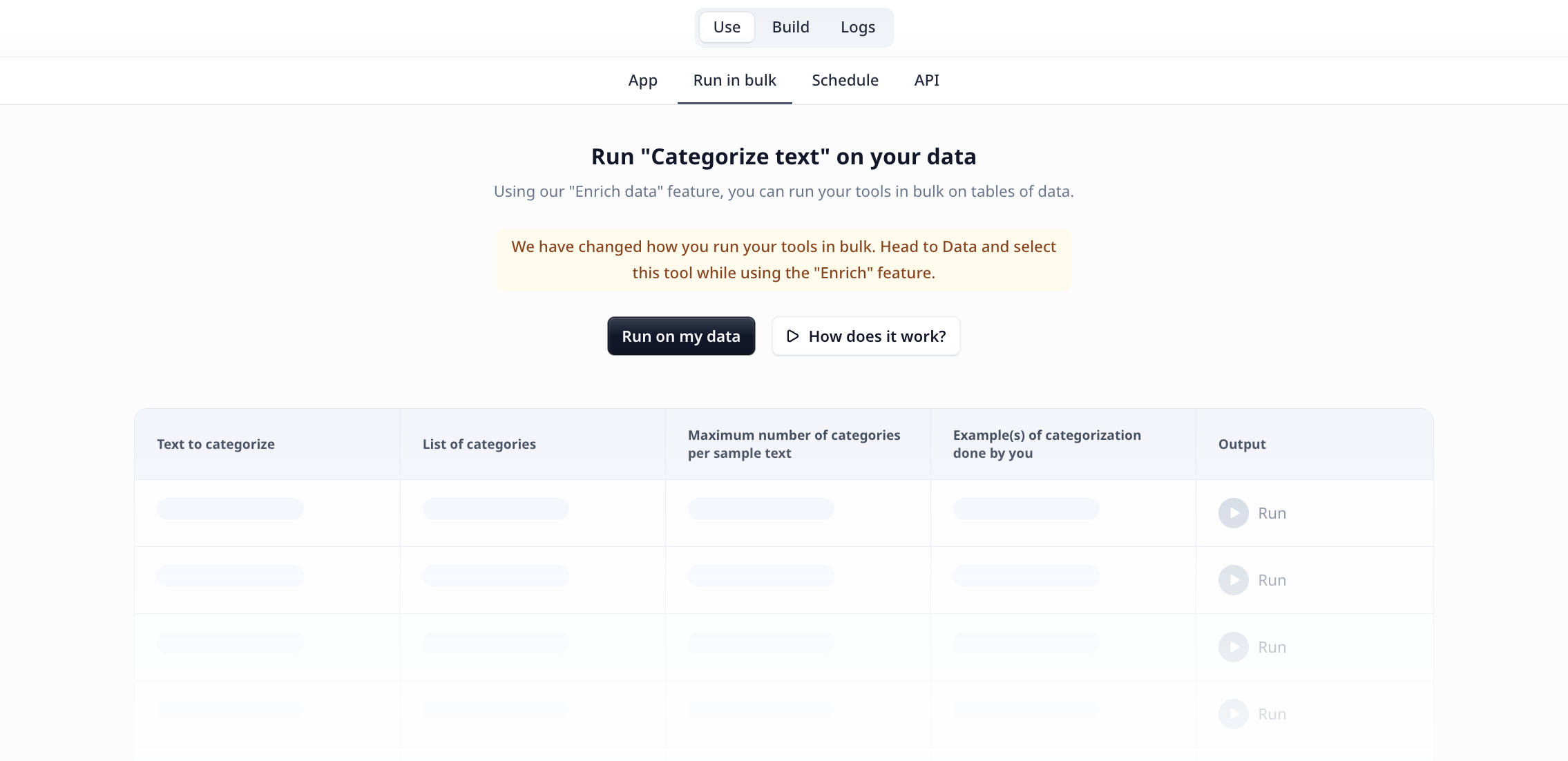 Run in bulk tab on the Tool's Use page