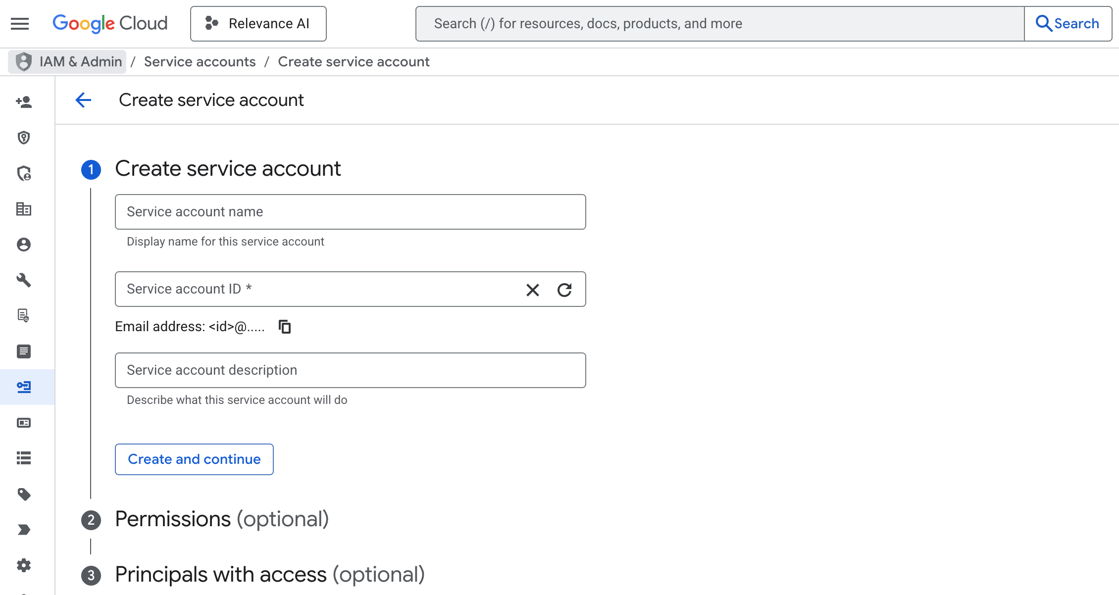 Screenshot of creating a Gemini service account