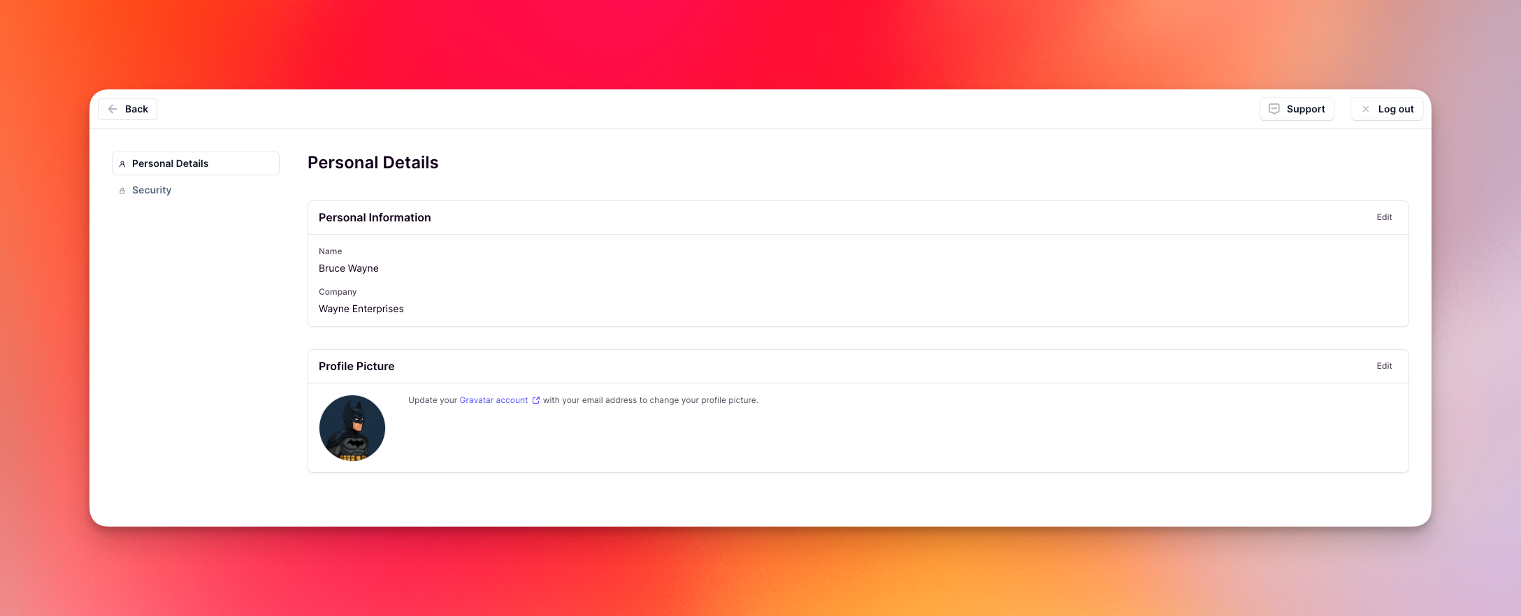 Personal Details page in Profile settings