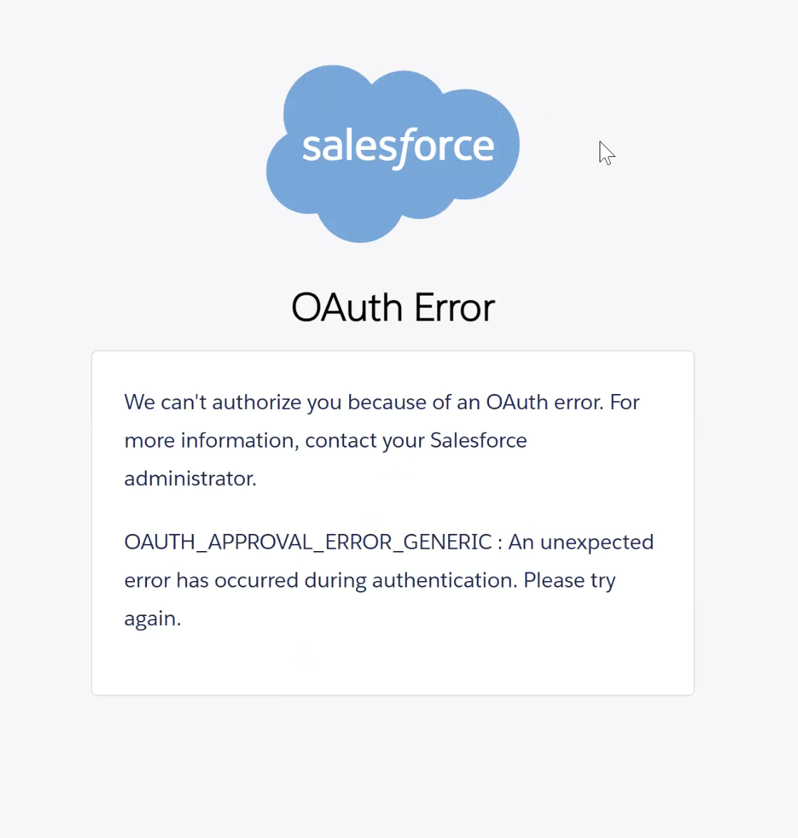 Salesforce OAuth Error page showing OAUTH_APPROVAL_ERROR_GENERIC