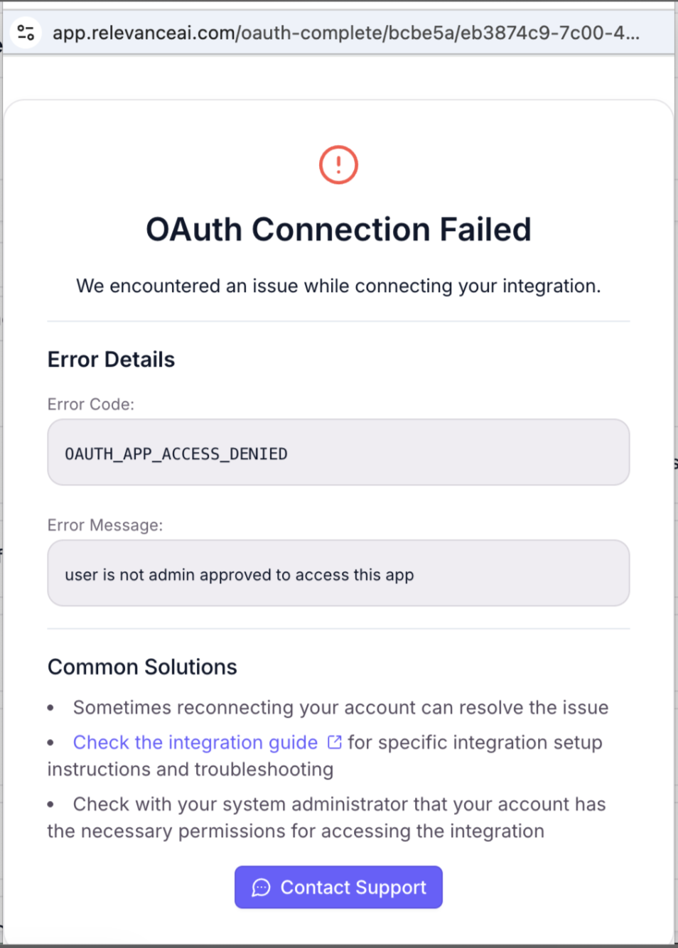 Relevance AI OAuth Connection Failed page showing OAUTH_APP_ACCESS_DENIED error