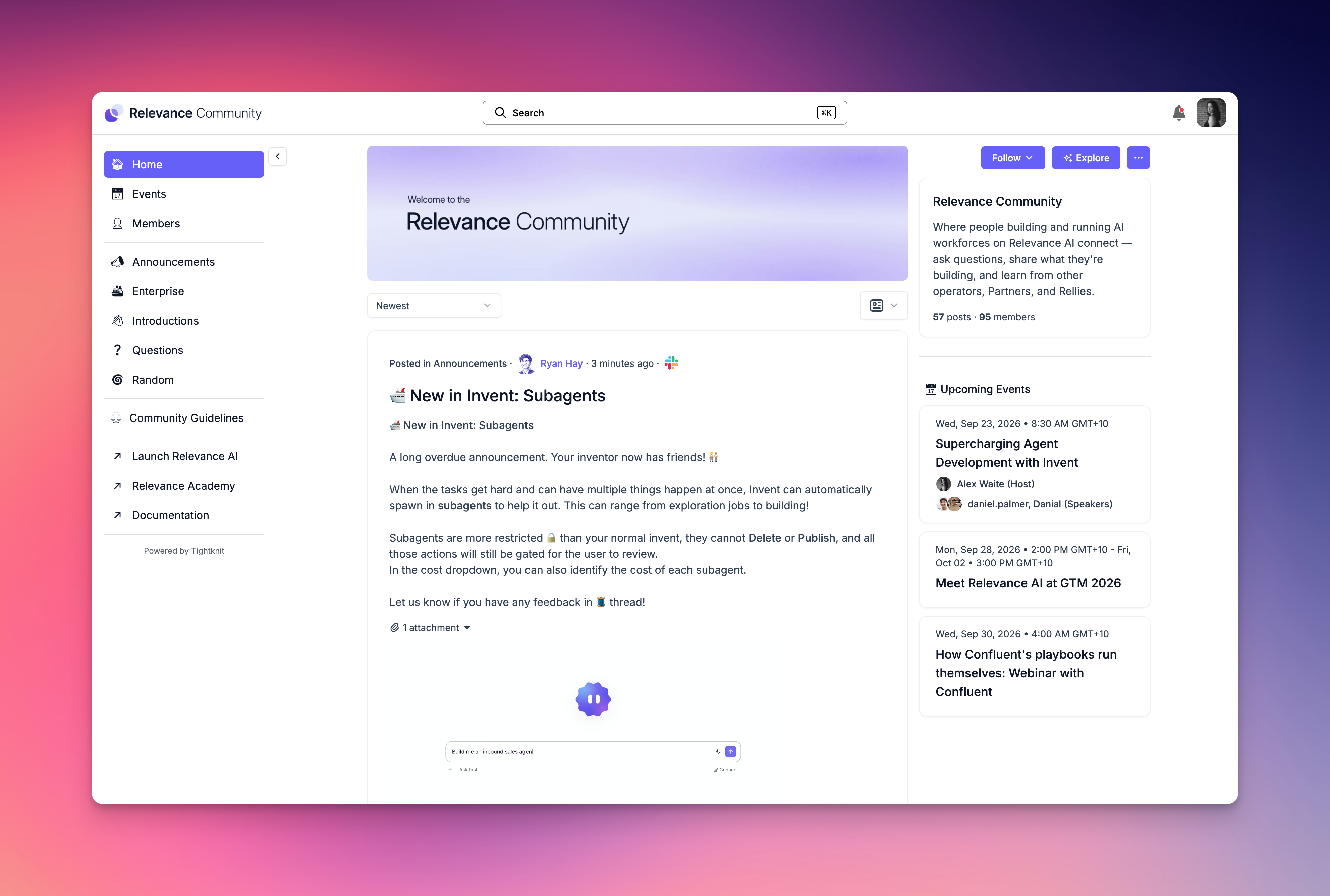 The Relevance Community forum home, with spaces in the sidebar, a welcome post, announcements, and upcoming events