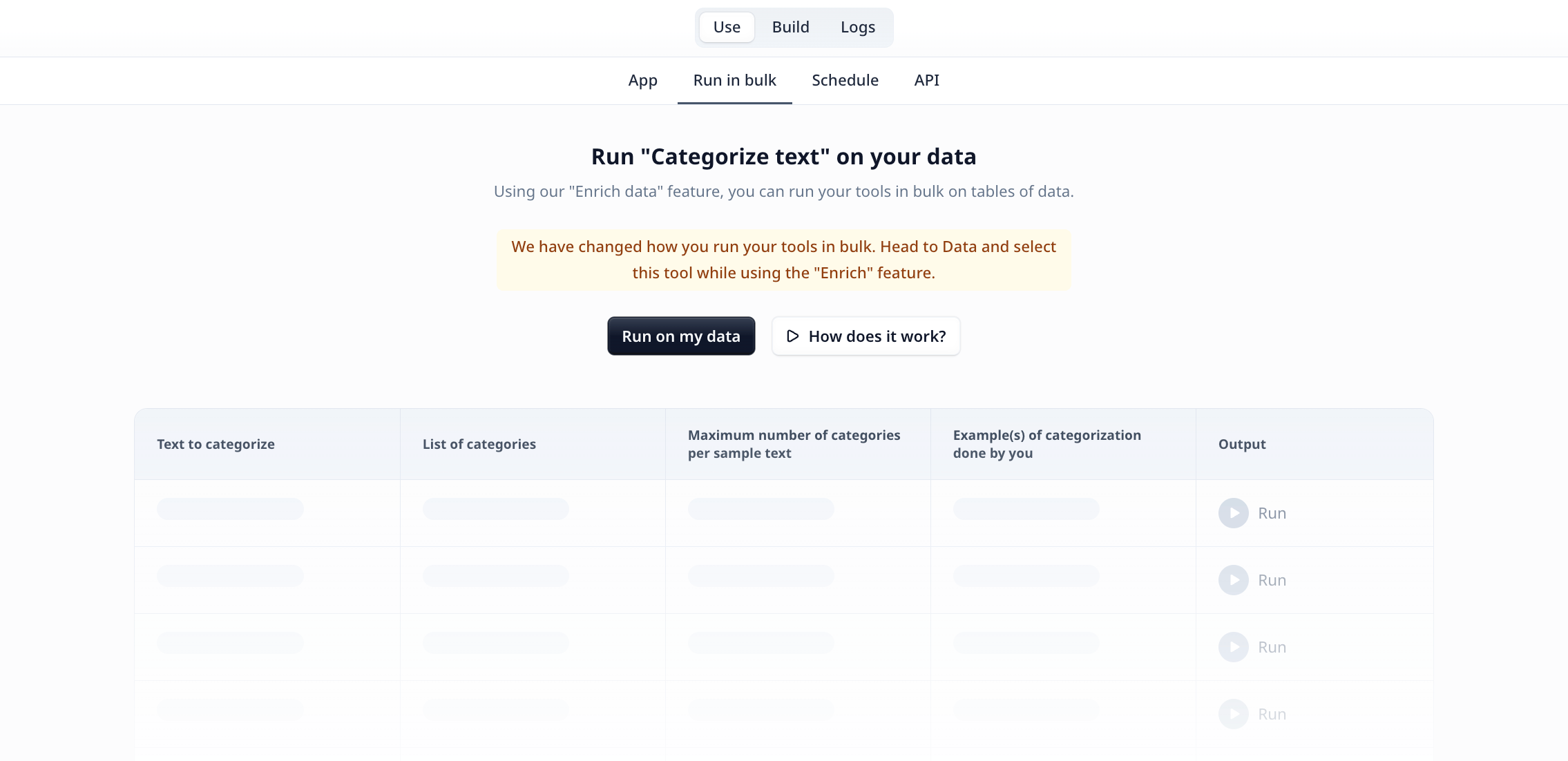 Run in bulk tab on the Tool's Use page