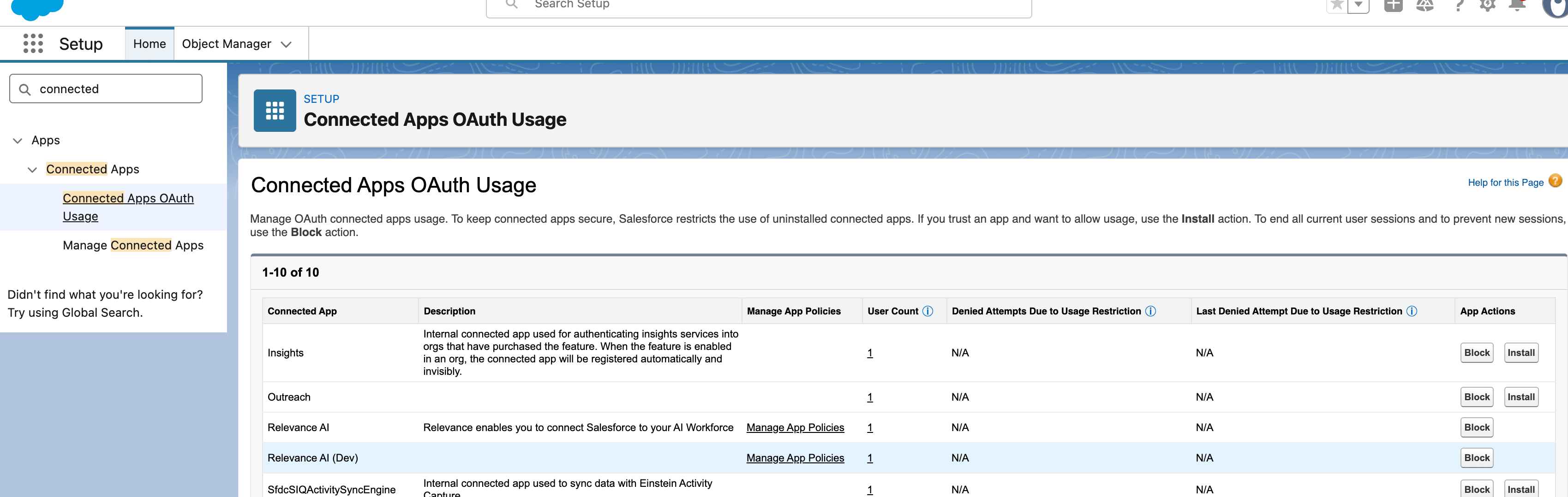 Connected Apps OAuth Usage page in Salesforce Setup