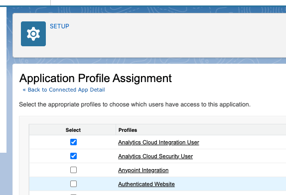Application Profile Assignment page for selecting authorized profiles
