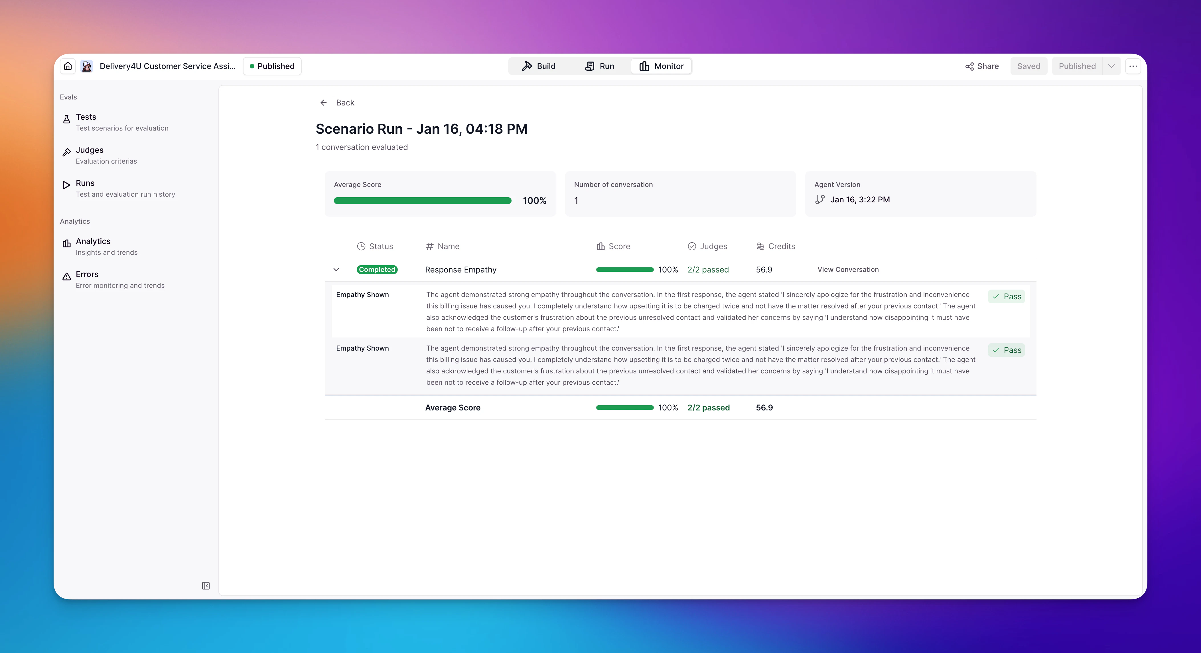 Monitor tab showing Evals section with Tests, Judges, and Runs