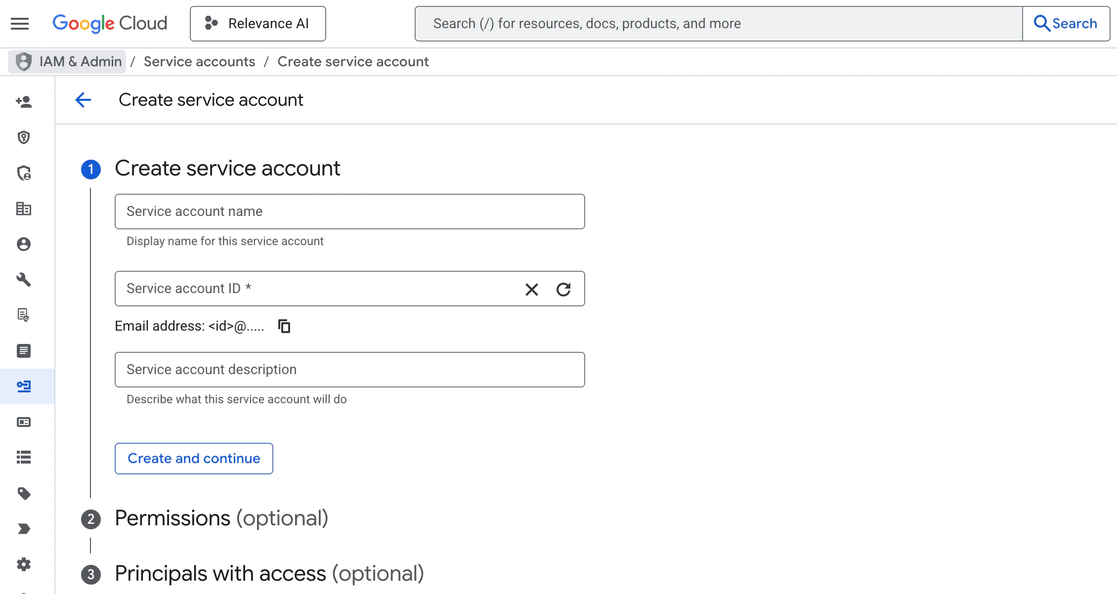 Screenshot of creating a Gemini service account