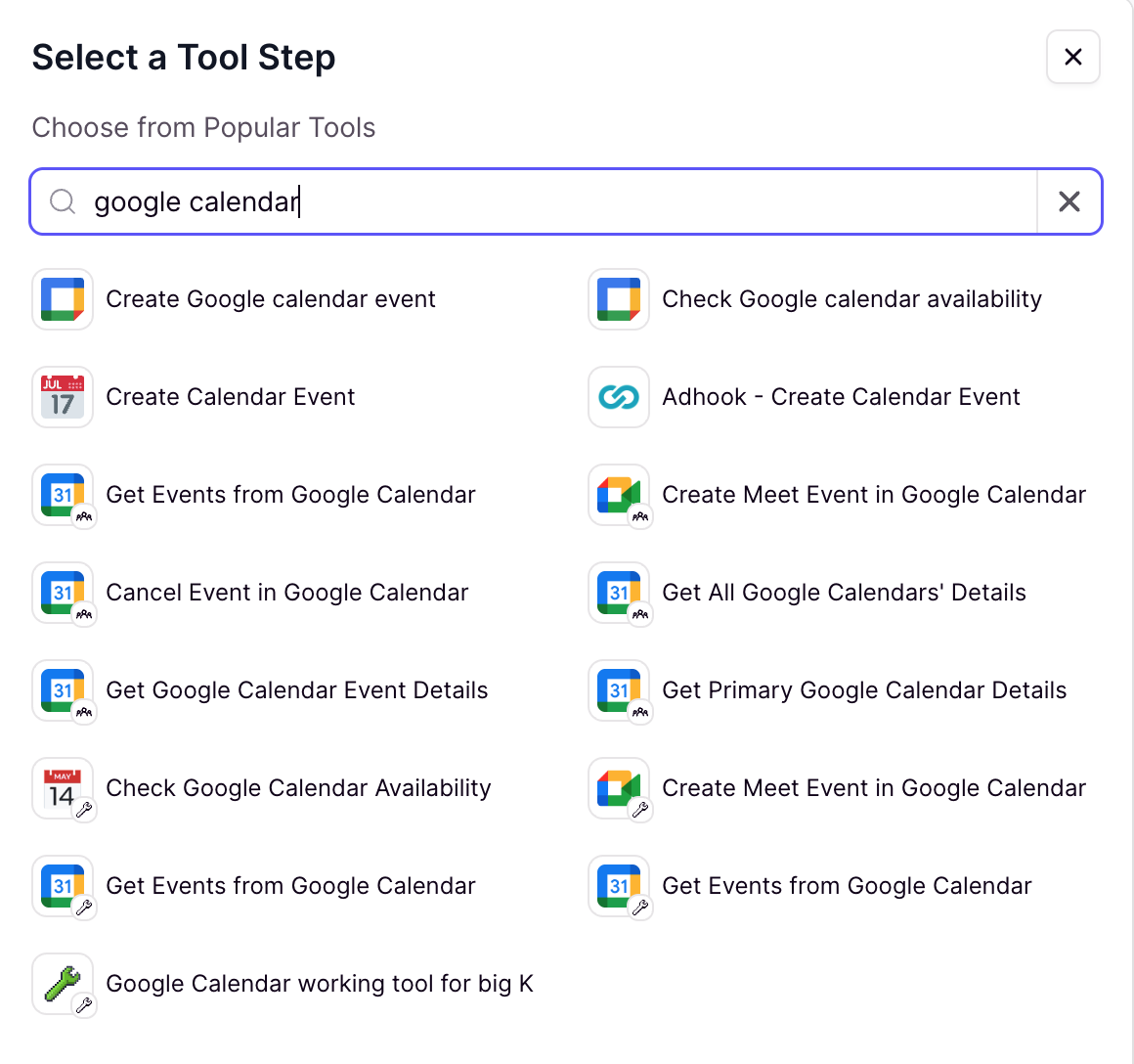 Available calendar tools for scheduling agents
