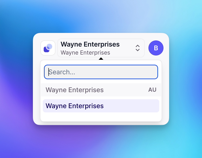 Organization switcher showing region abbreviation