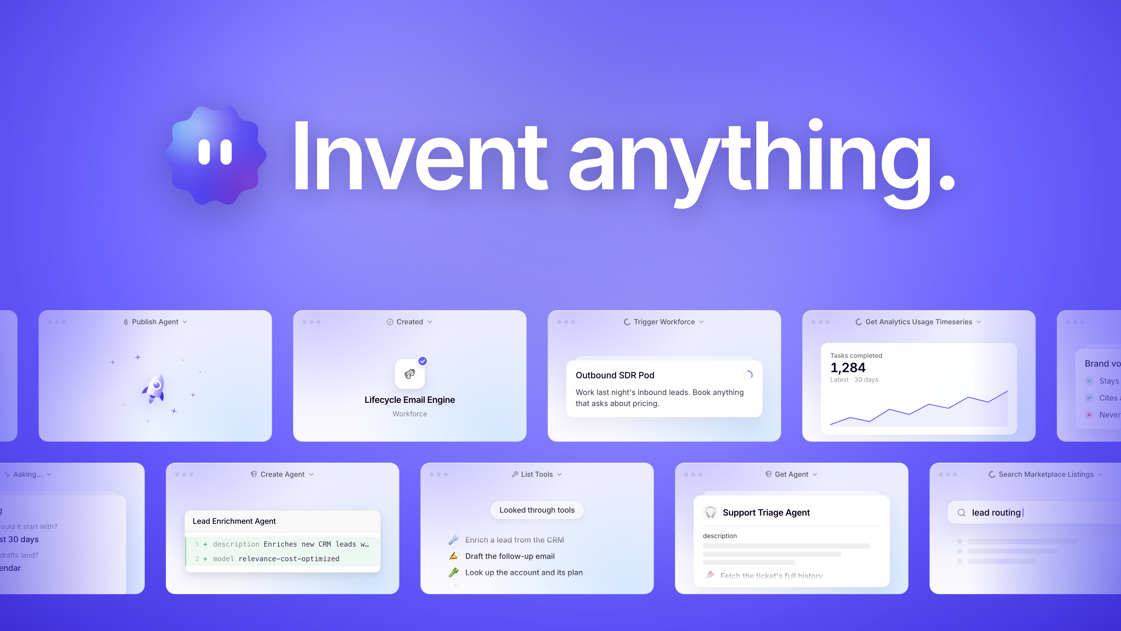 The Invent seal beside the words Invent anything on the Relevance AI purple background, with two rows of Invent tool call windows running off both edges below it: Publish Agent, a created Lifecycle Email Engine Workforce, Trigger Workforce running an Outbound SDR Pod, a usage chart, Create Agent drafting a Lead Enrichment Agent, a list of the project's Tools, and a Support Triage Agent profile