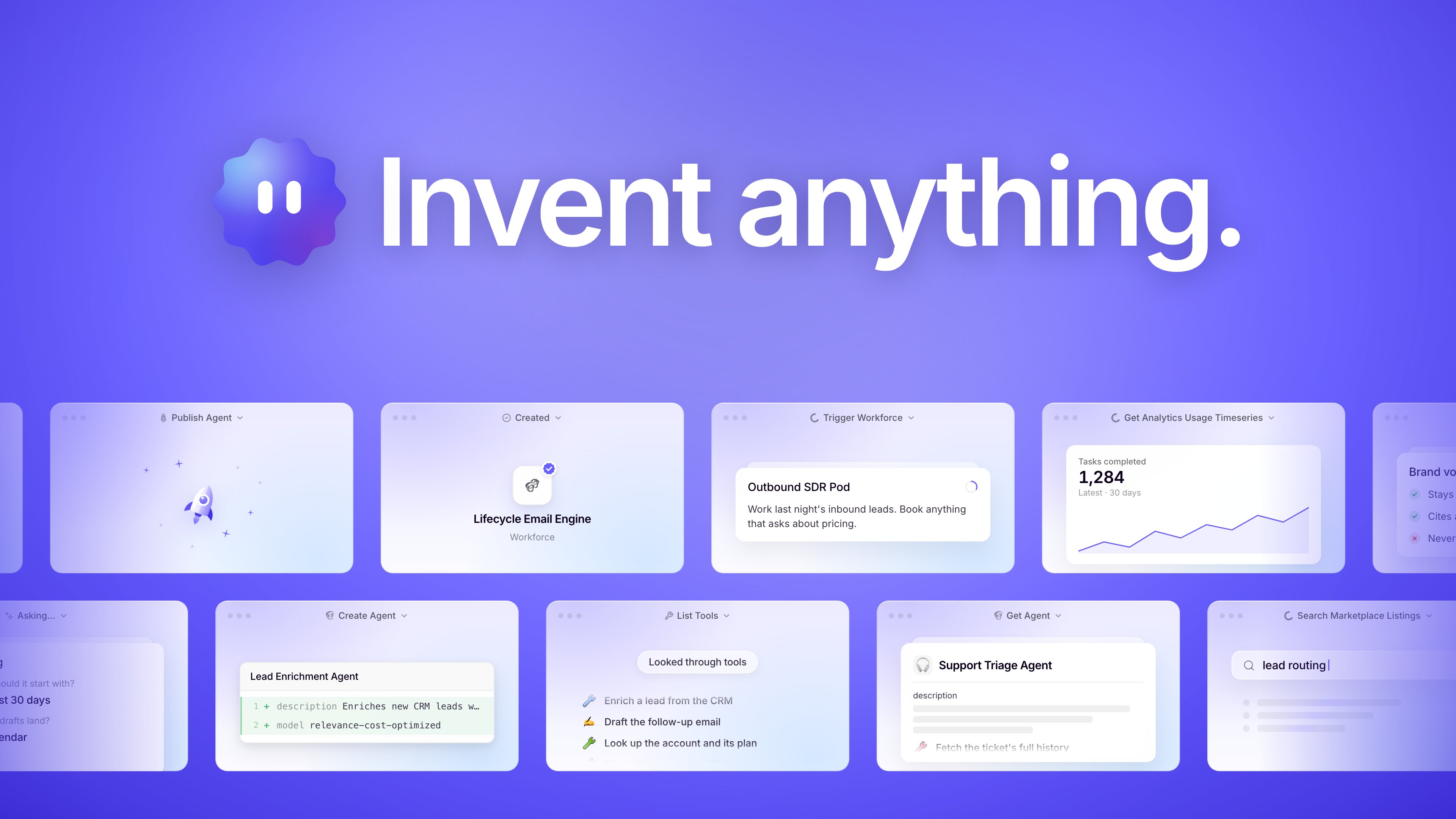 The Invent seal beside the words Invent anything on the Relevance AI purple background, with two rows of Invent tool call windows running off both edges below it: Publish Agent, a created Lifecycle Email Engine Workforce, Trigger Workforce running an Outbound SDR Pod, a usage chart, Create Agent drafting a Lead Enrichment Agent, a list of the project's Tools, and a Support Triage Agent profile