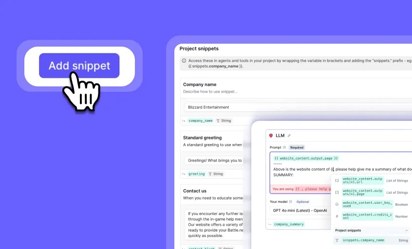 Introducing Snippets: Reusable text variables for your tools and agents