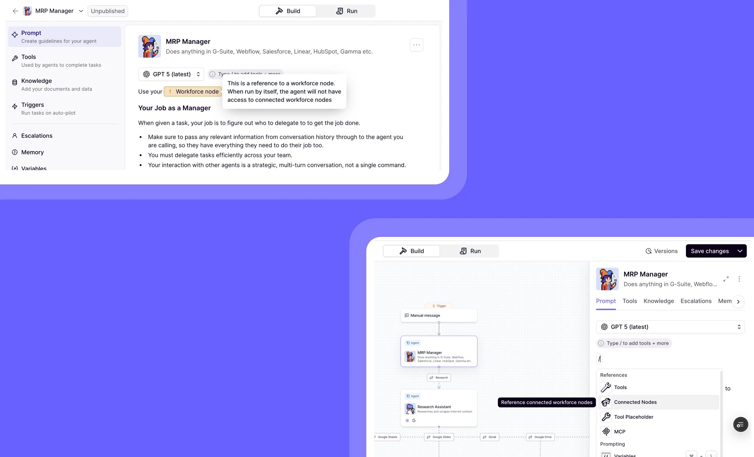Connect agents, tools, and workflows with workforce node references