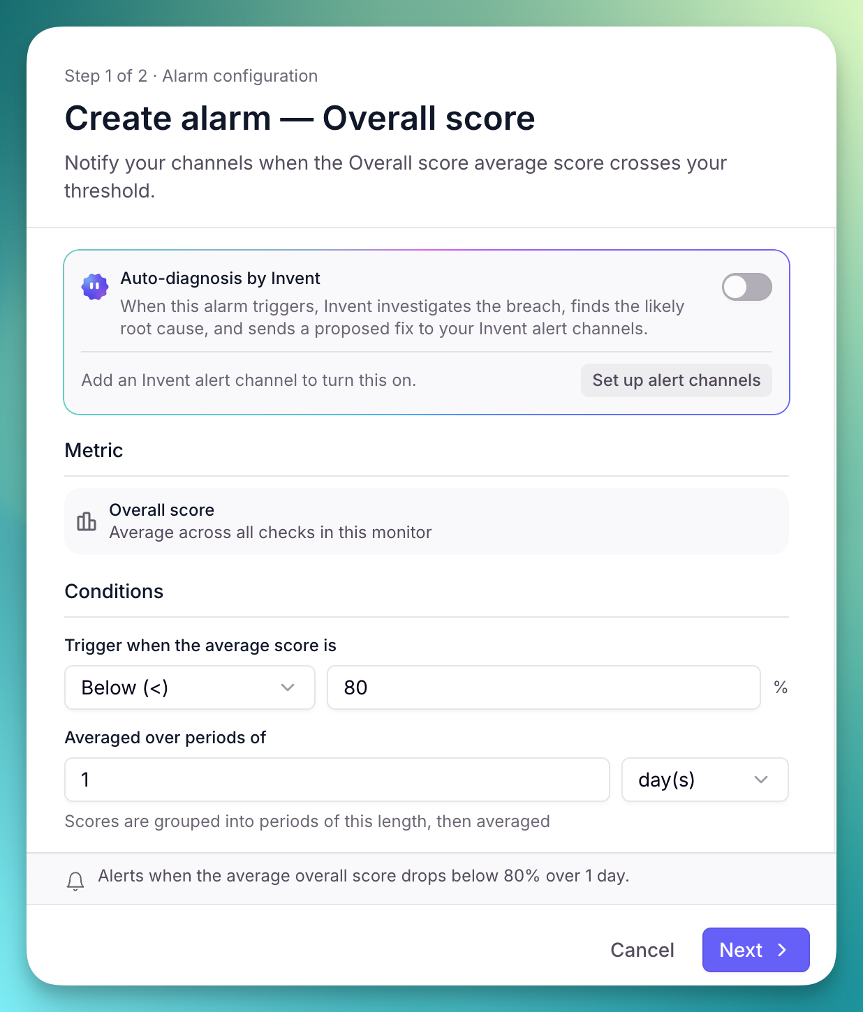 The alarm configuration in Invent