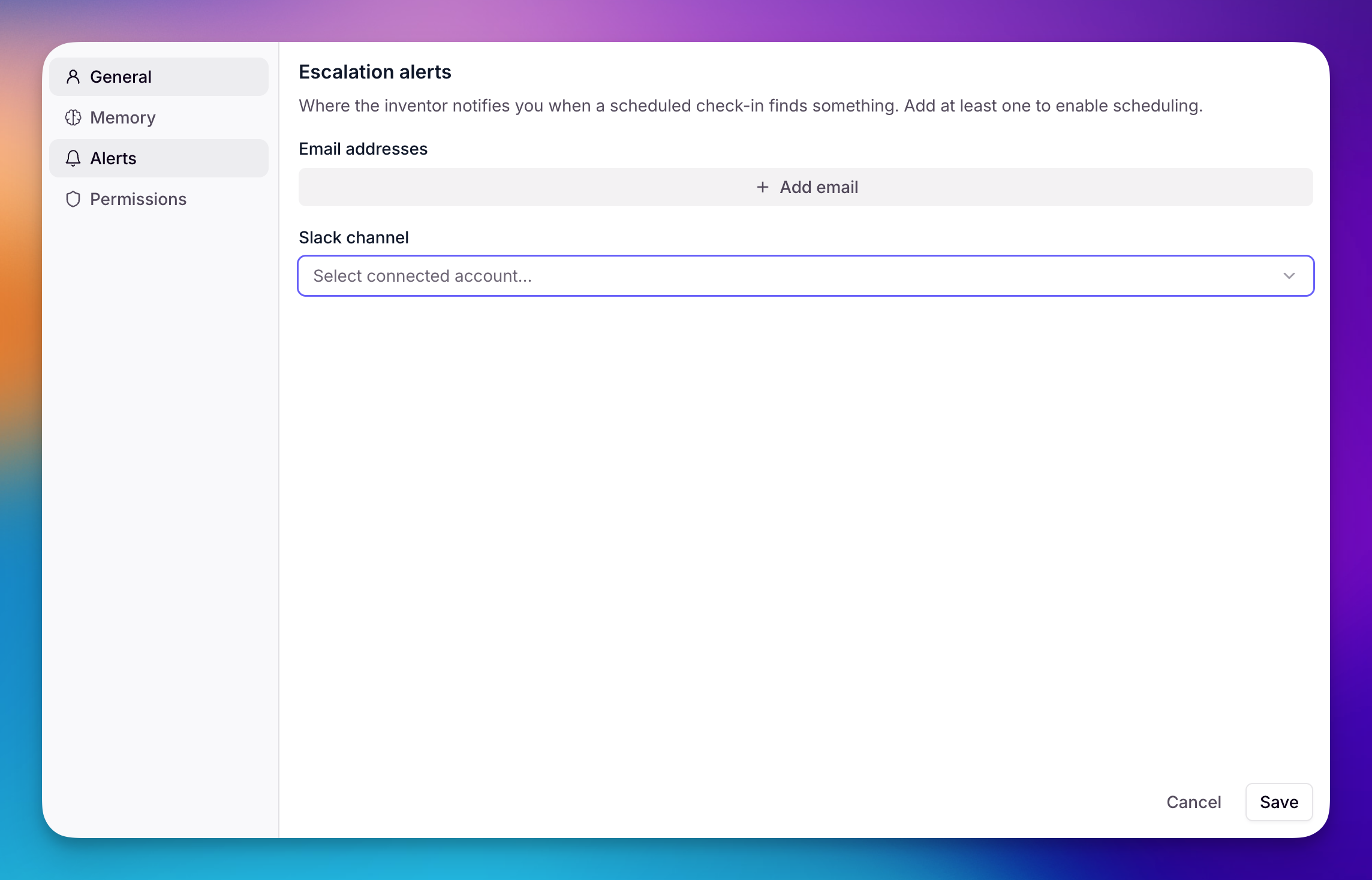The email and Slack alert settings in Invent
