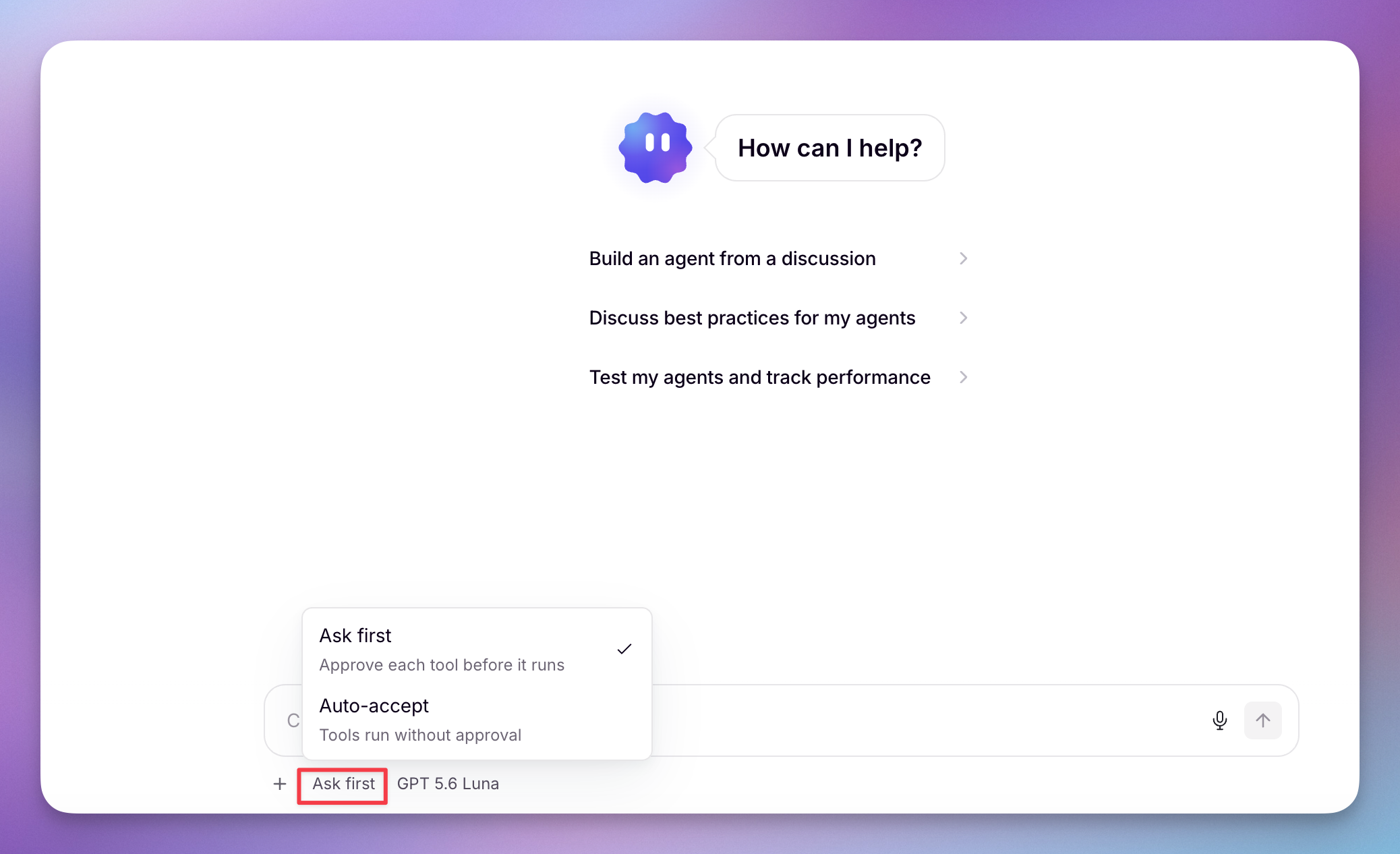 The Ask first and Auto-accept options in the Invent message composer