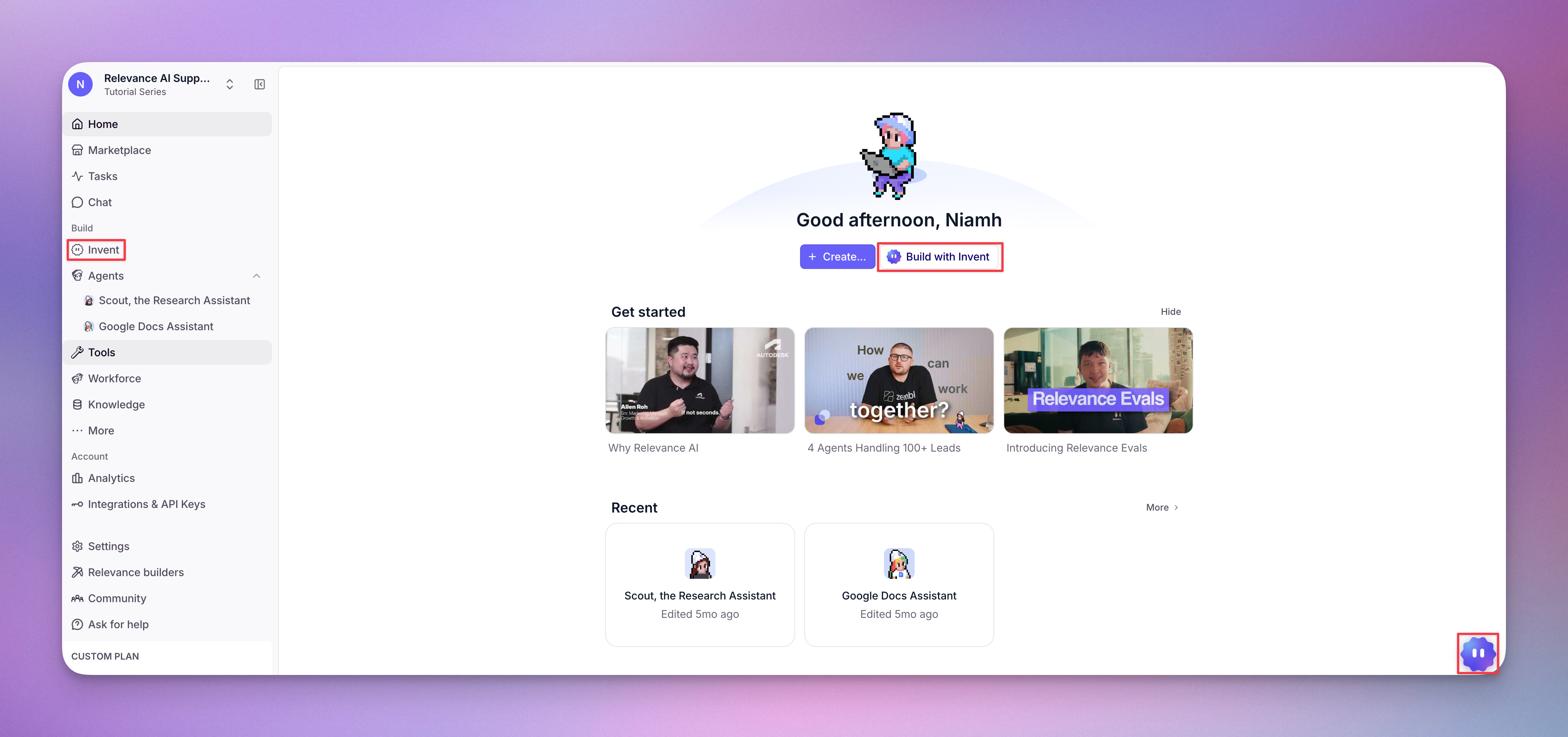 The Invent entry points on the Relevance AI home page