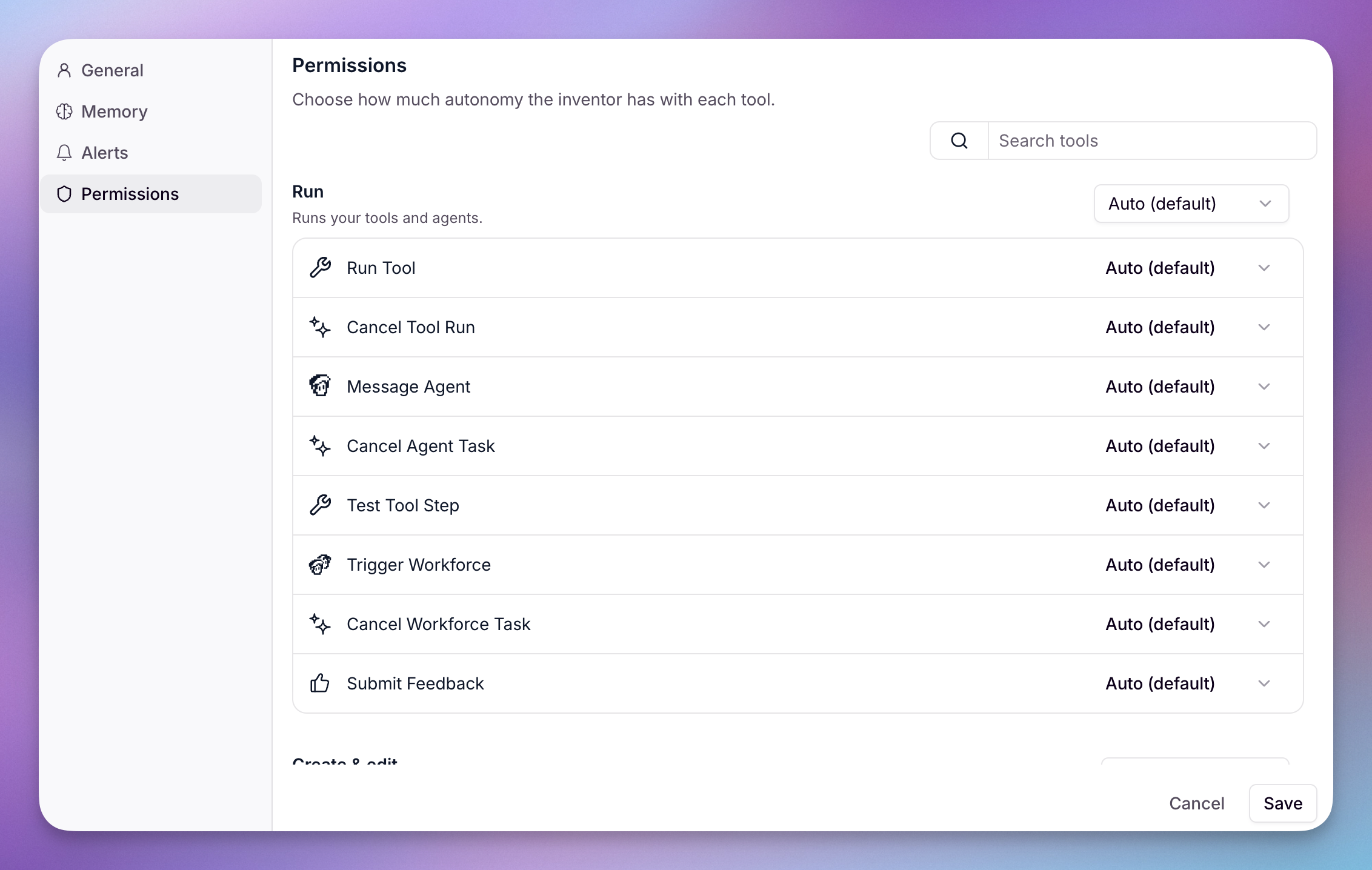 Invent Permissions settings showing approval controls for individual tools