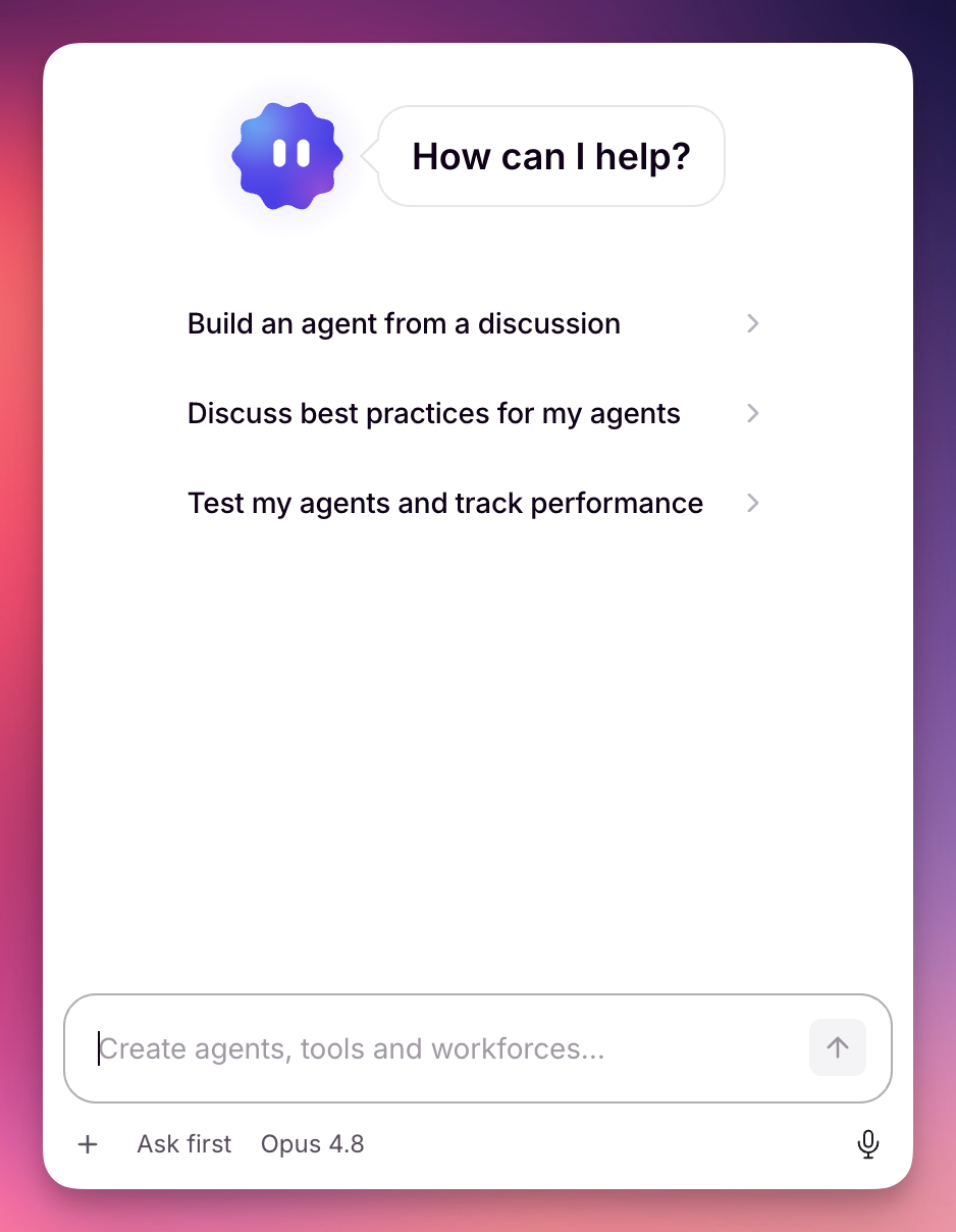 The Invent start menu with suggested prompts and the message composer