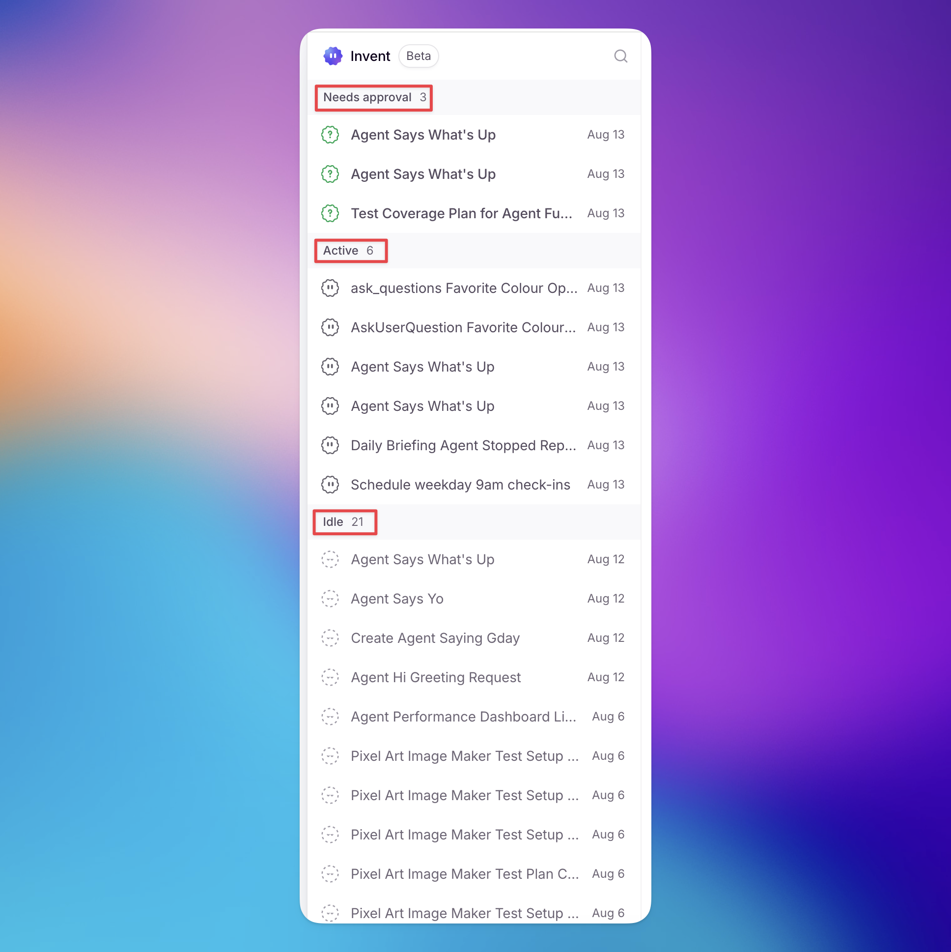 Invent task history showing approve, idle, and other statuses