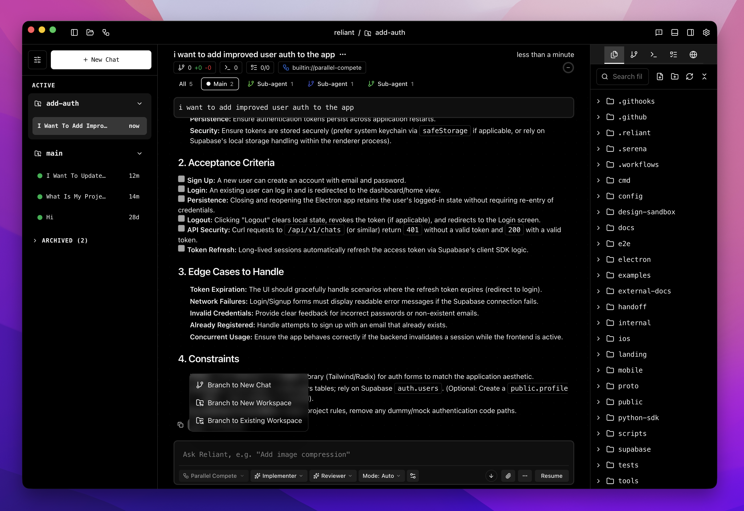 Branch from a message to create a new chat or workspace
