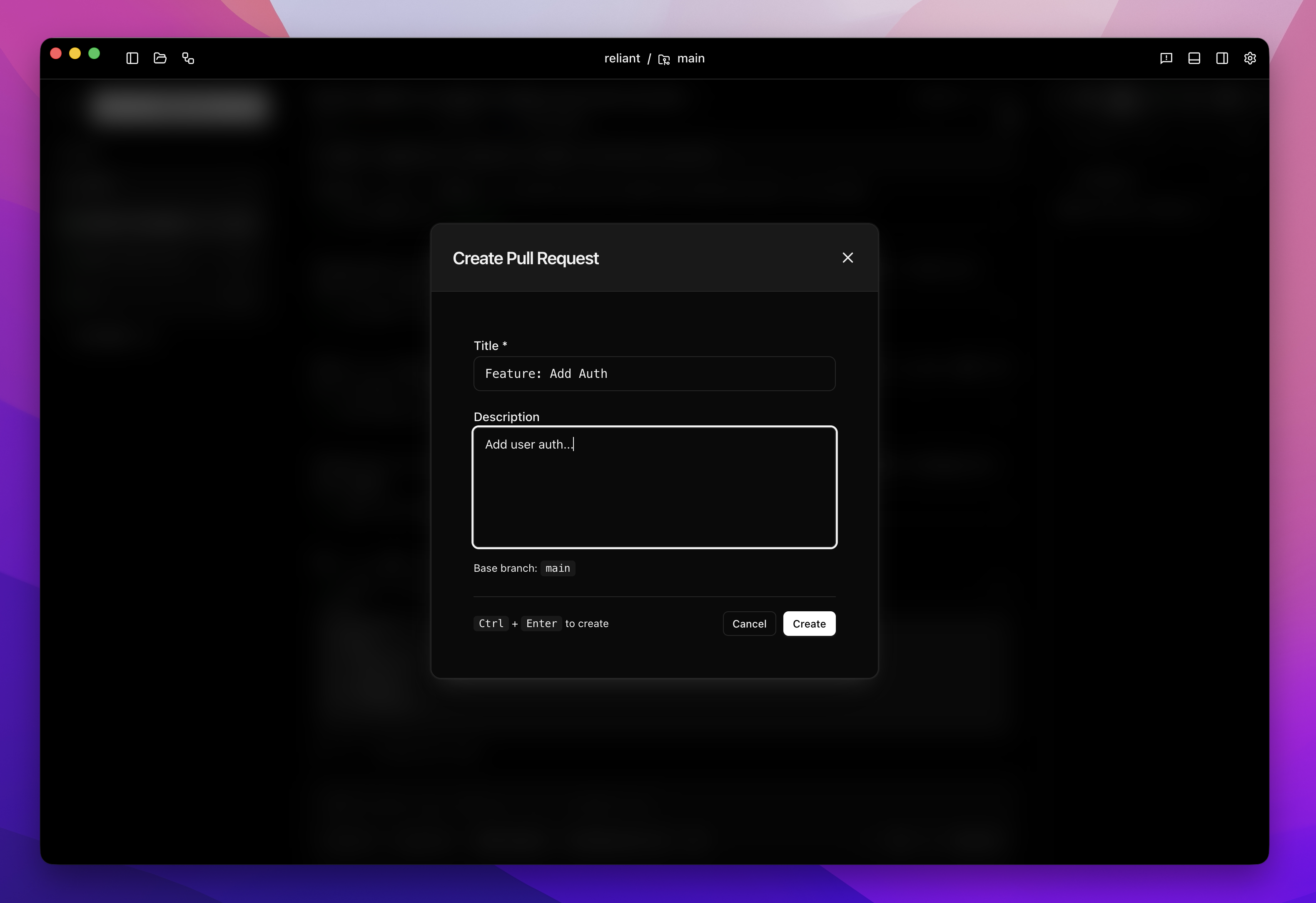 Create pull request dialog from a workspace