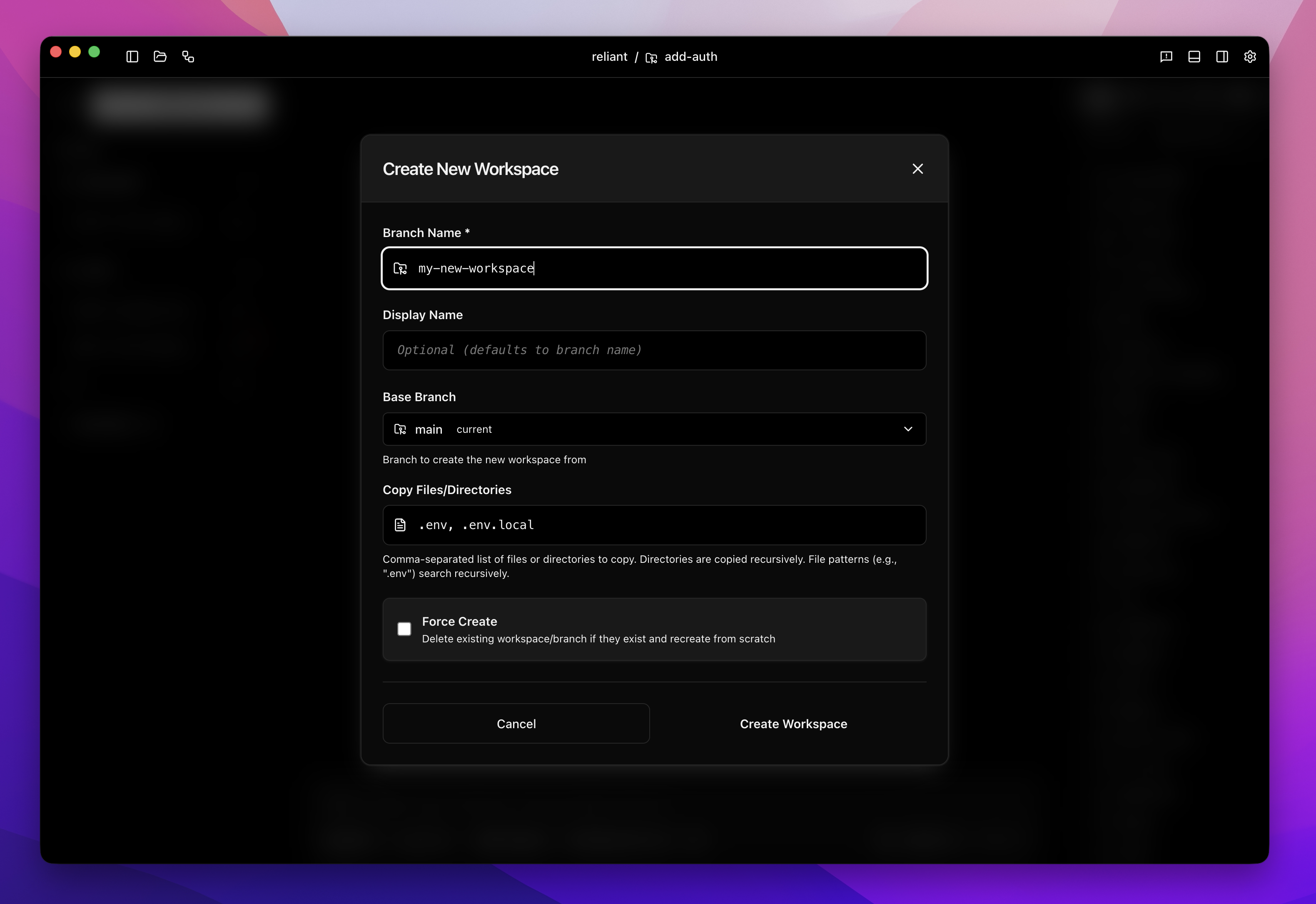 Create workspace dialog with branch name, workspace name, base branch, and path fields