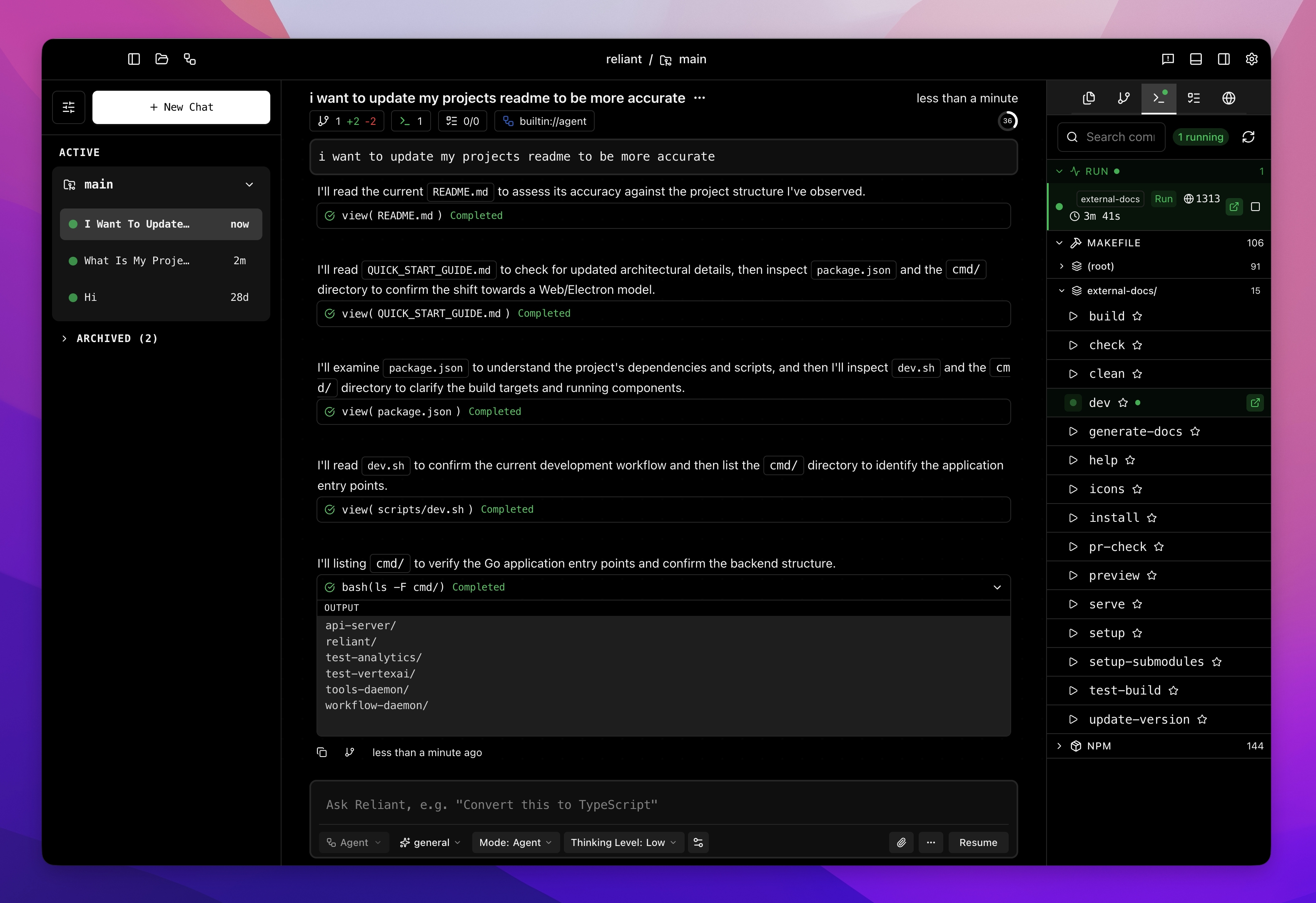 Processes panel showing discovered Make targets and NPM scripts