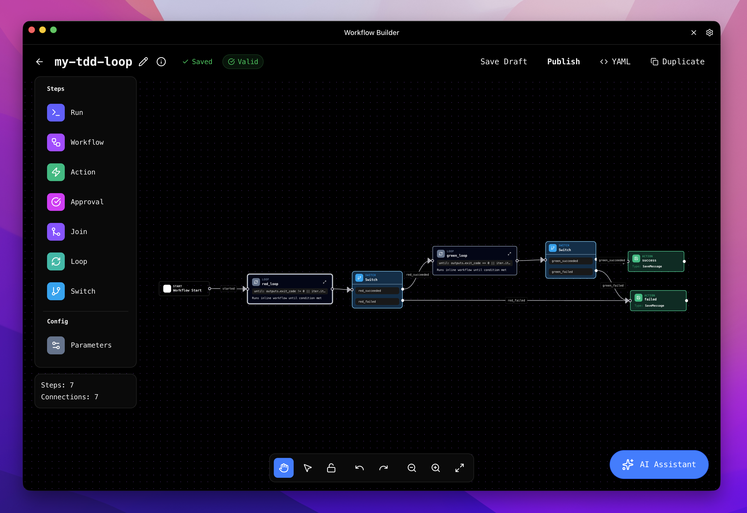 Workflow Builder UI showing a TDD loop workflow