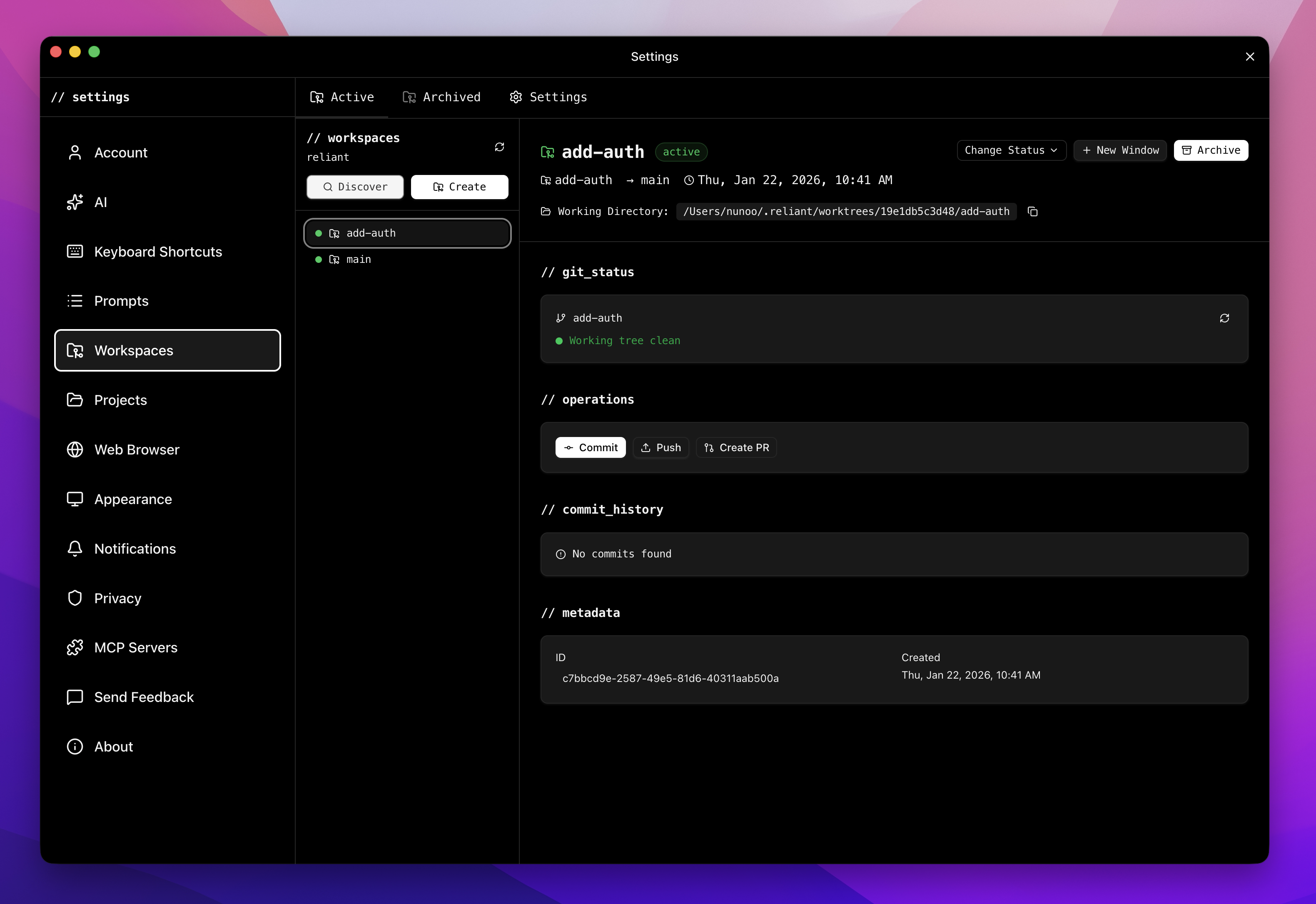 Workspaces panel showing list of workspaces with branch names, status badges, and Create Workspace button