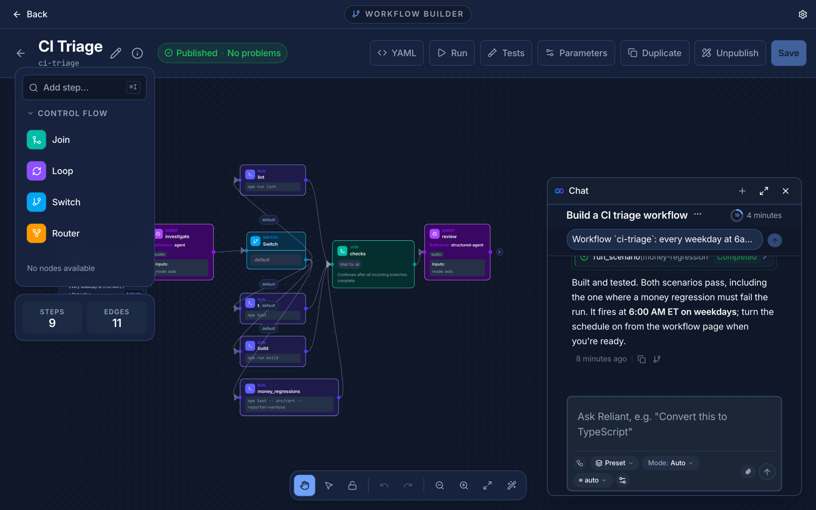 A chat with the workflow builder agent