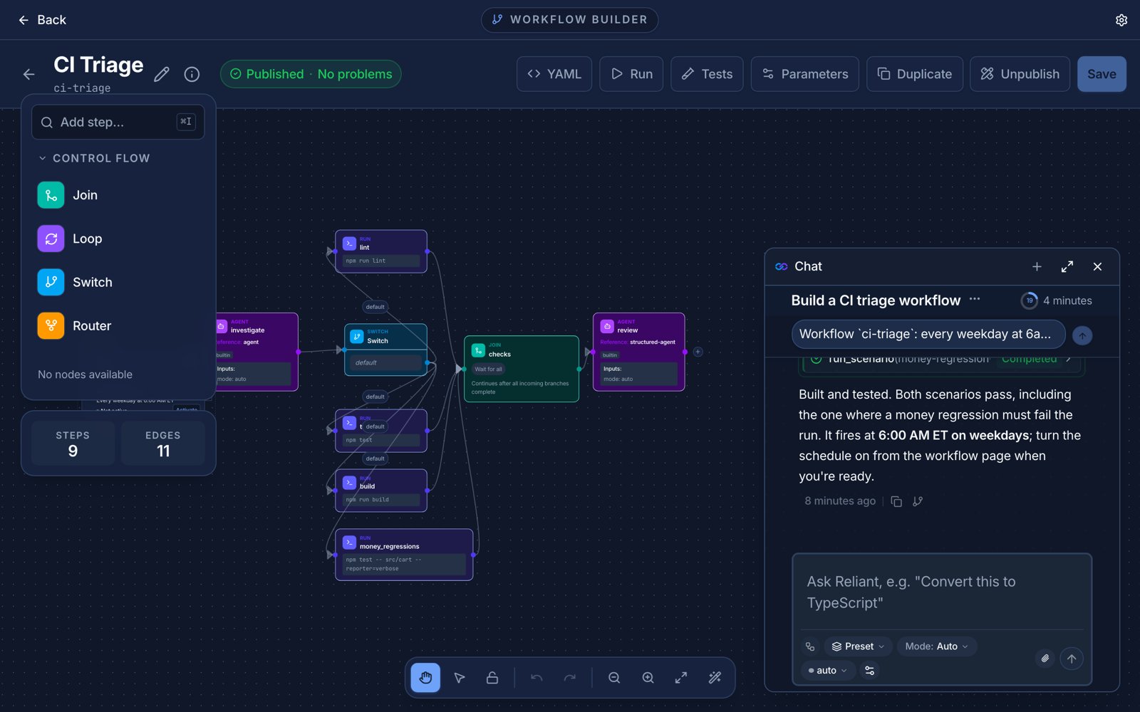 A chat with the workflow builder agent