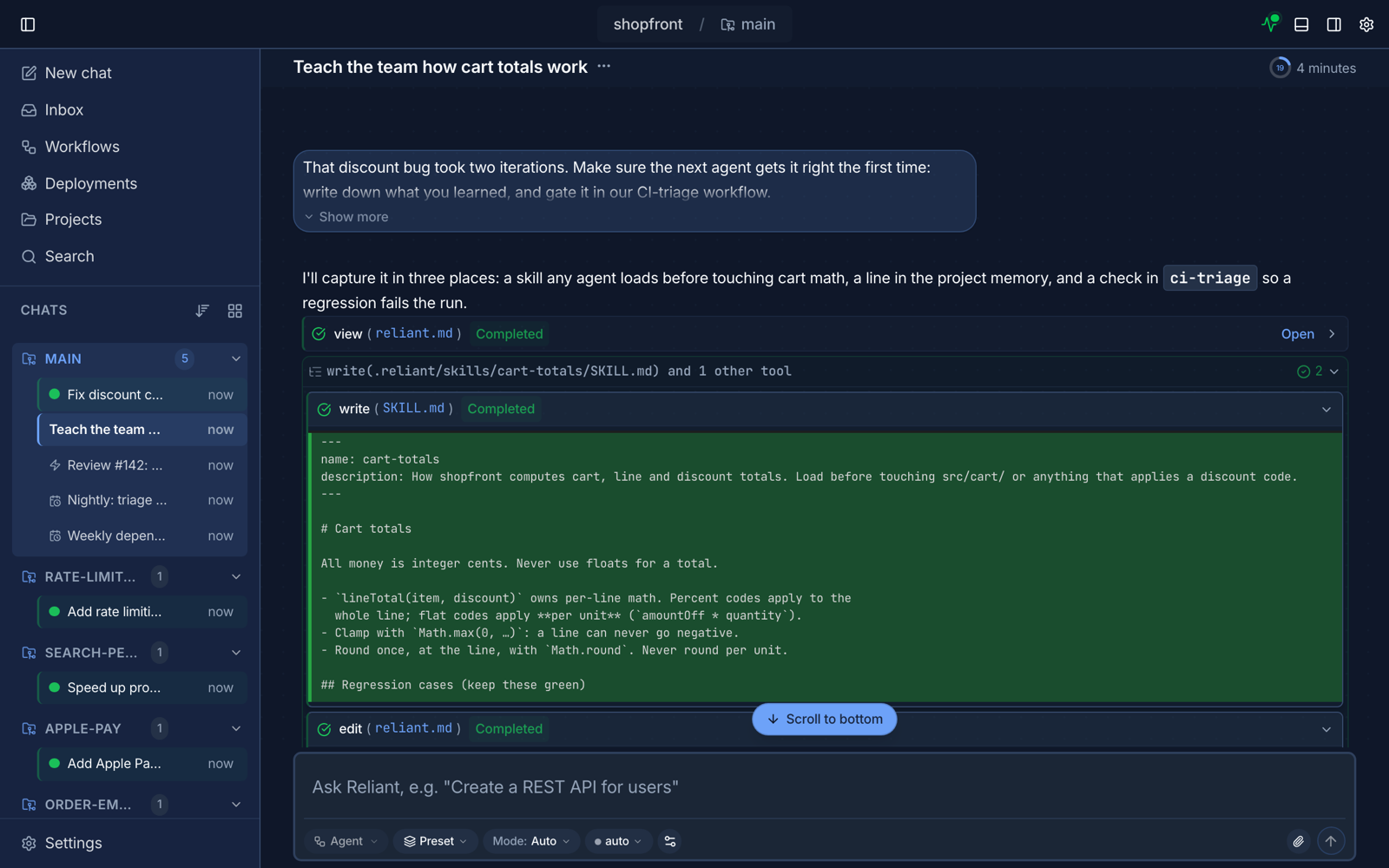 An agent saving a correction as a skill and a memory