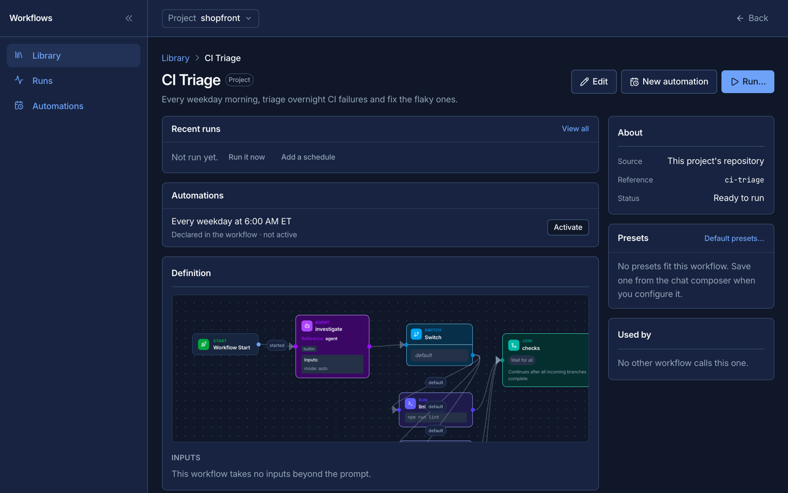 A workflow's detail page in the library