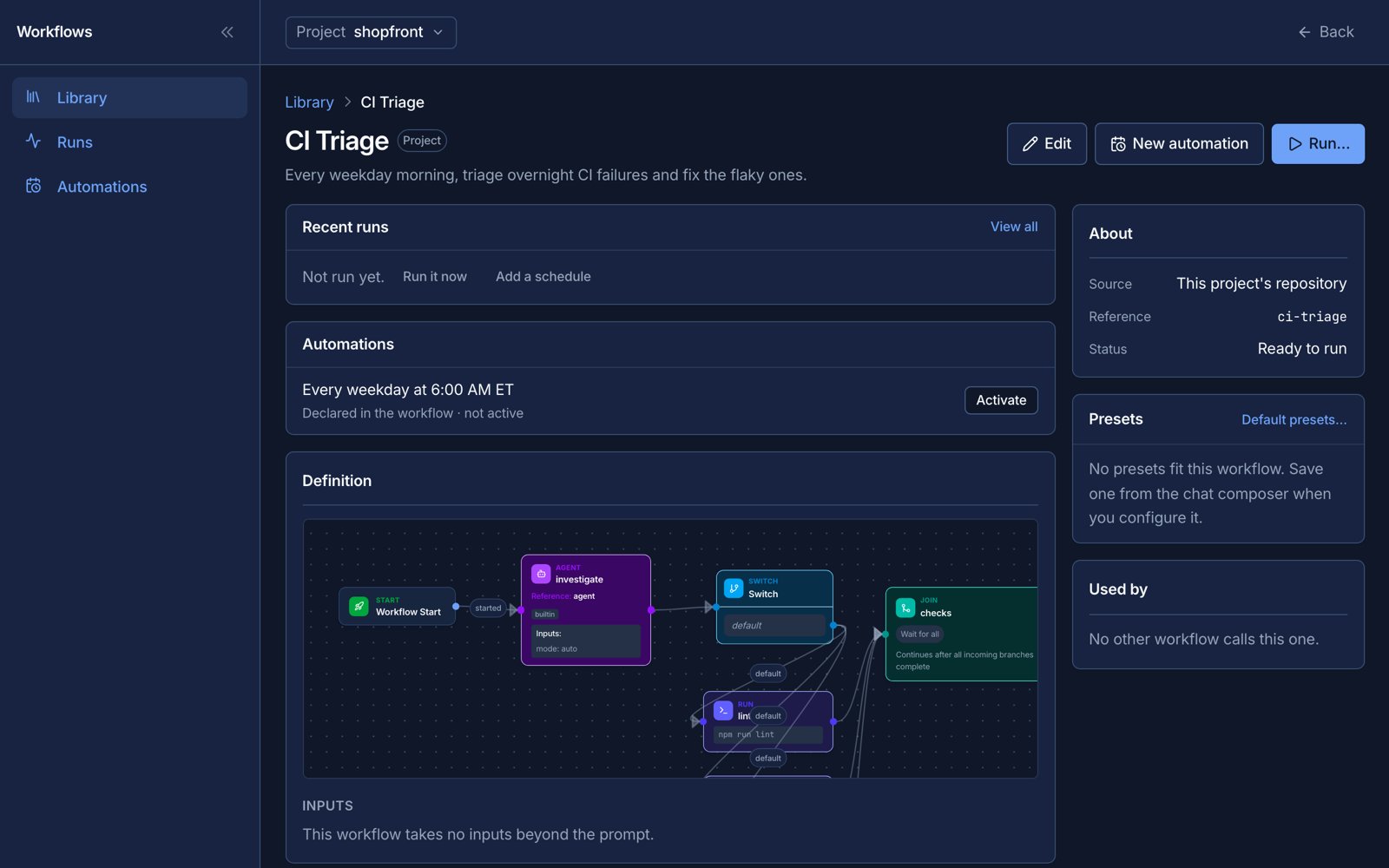 A workflow's detail page in the library