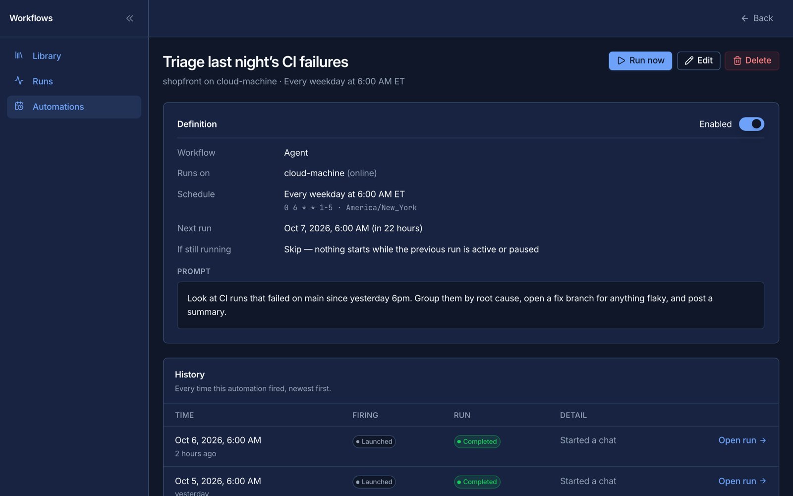Run history for a scheduled automation