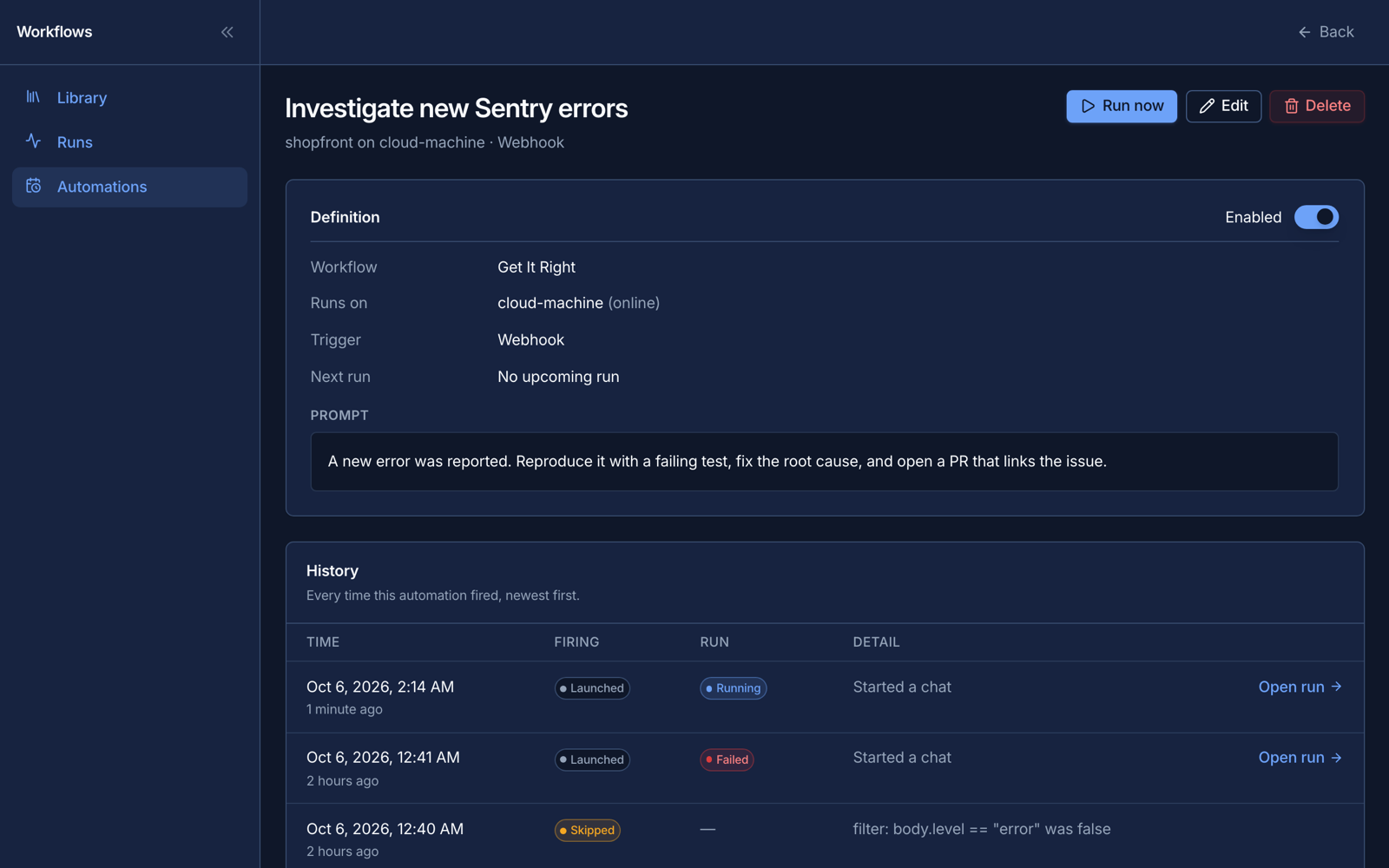 An automation history entry for a webhook delivery that launched a run