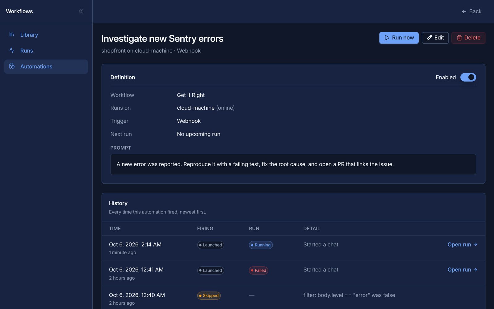 An automation history entry for a webhook delivery that launched a run