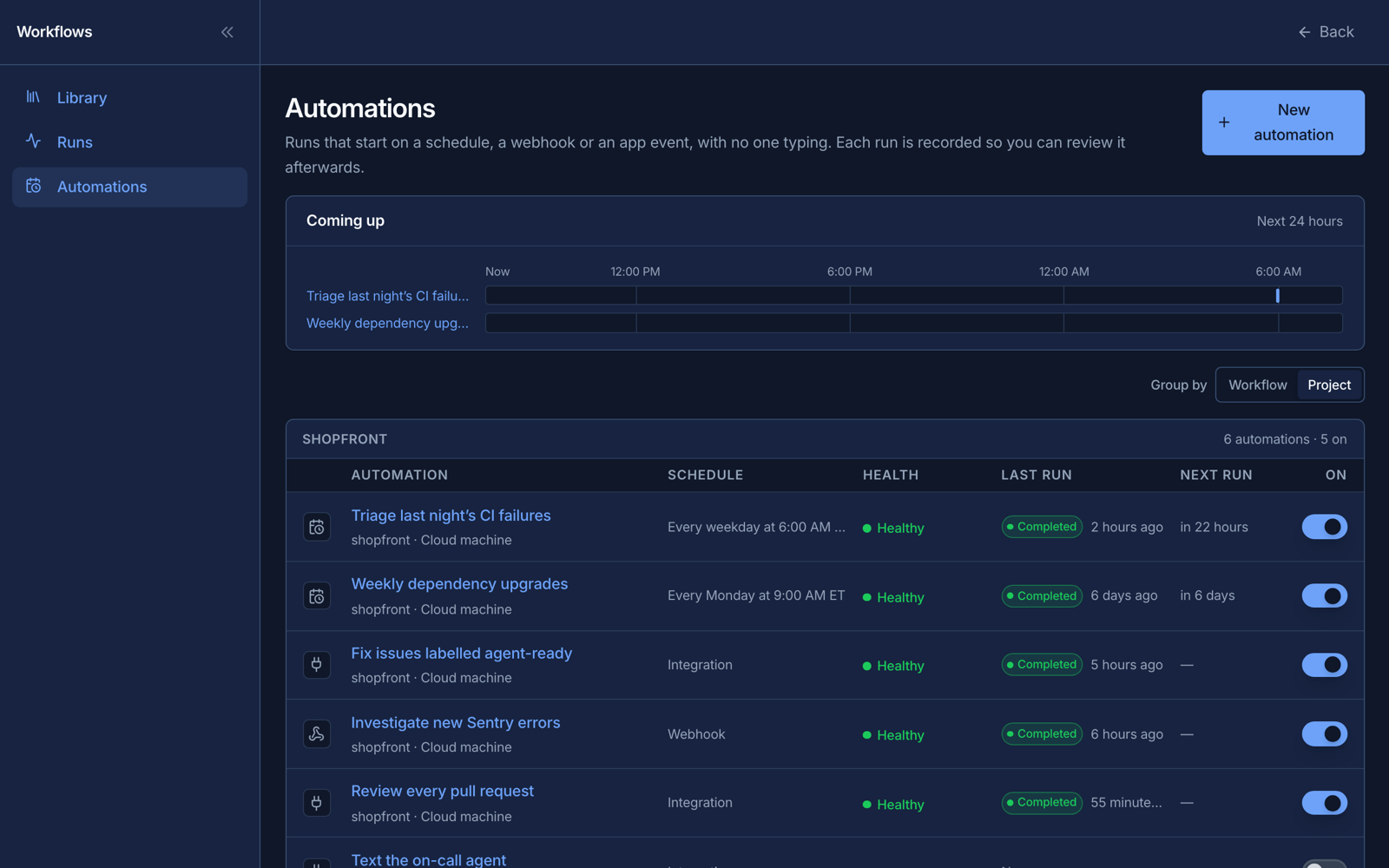 The Automations list showing a schedule, a webhook and a GitHub automation