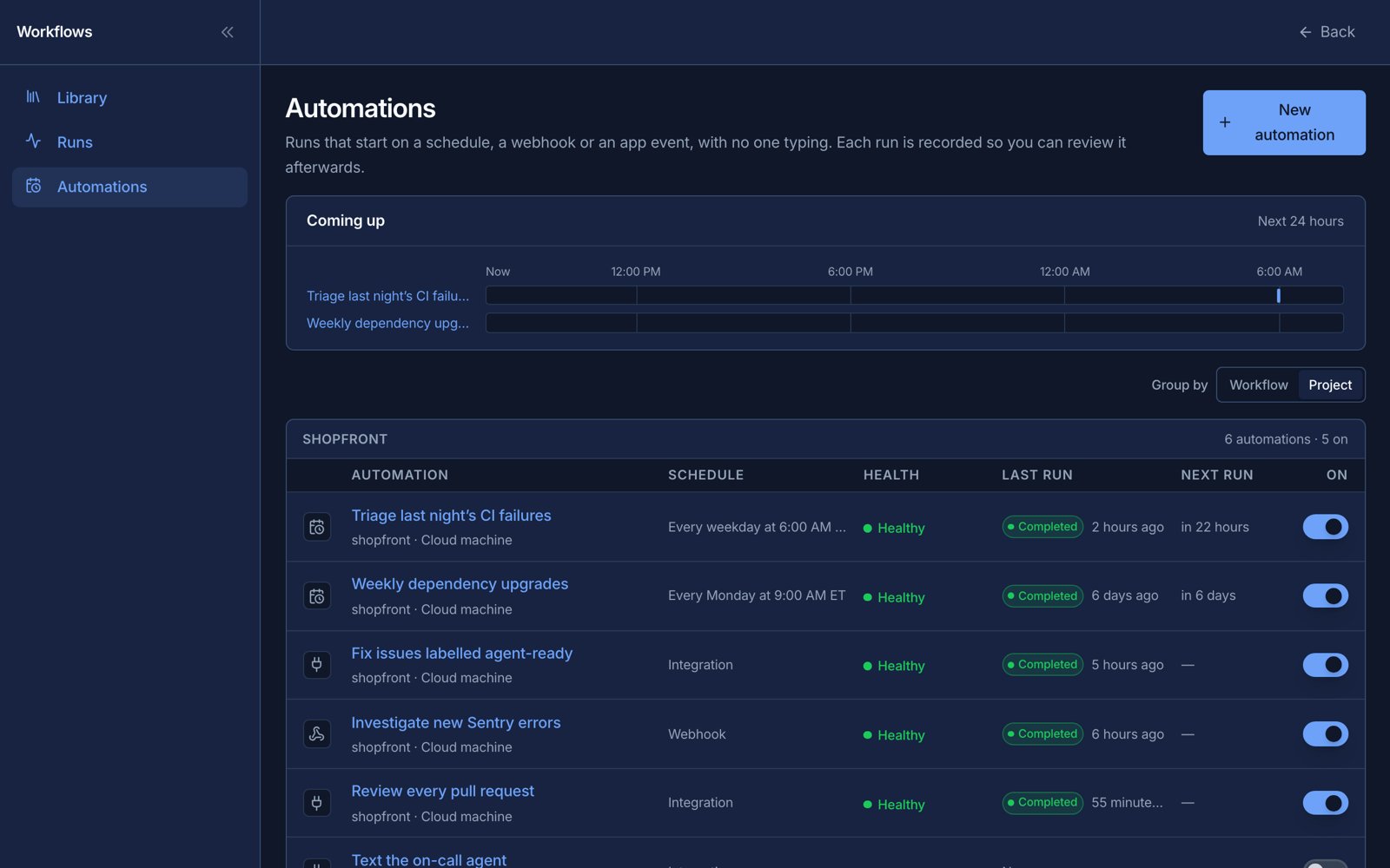 The Automations list showing a schedule, a webhook and a GitHub automation