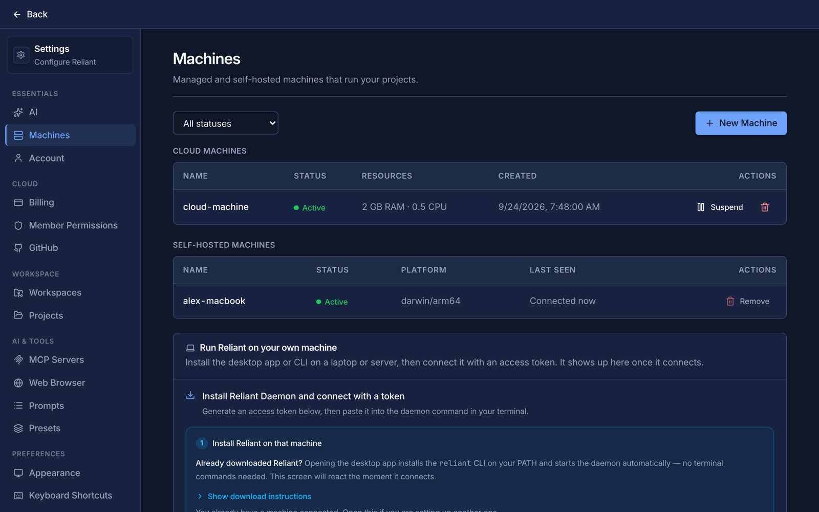 Settings Machines page with a running cloud machine