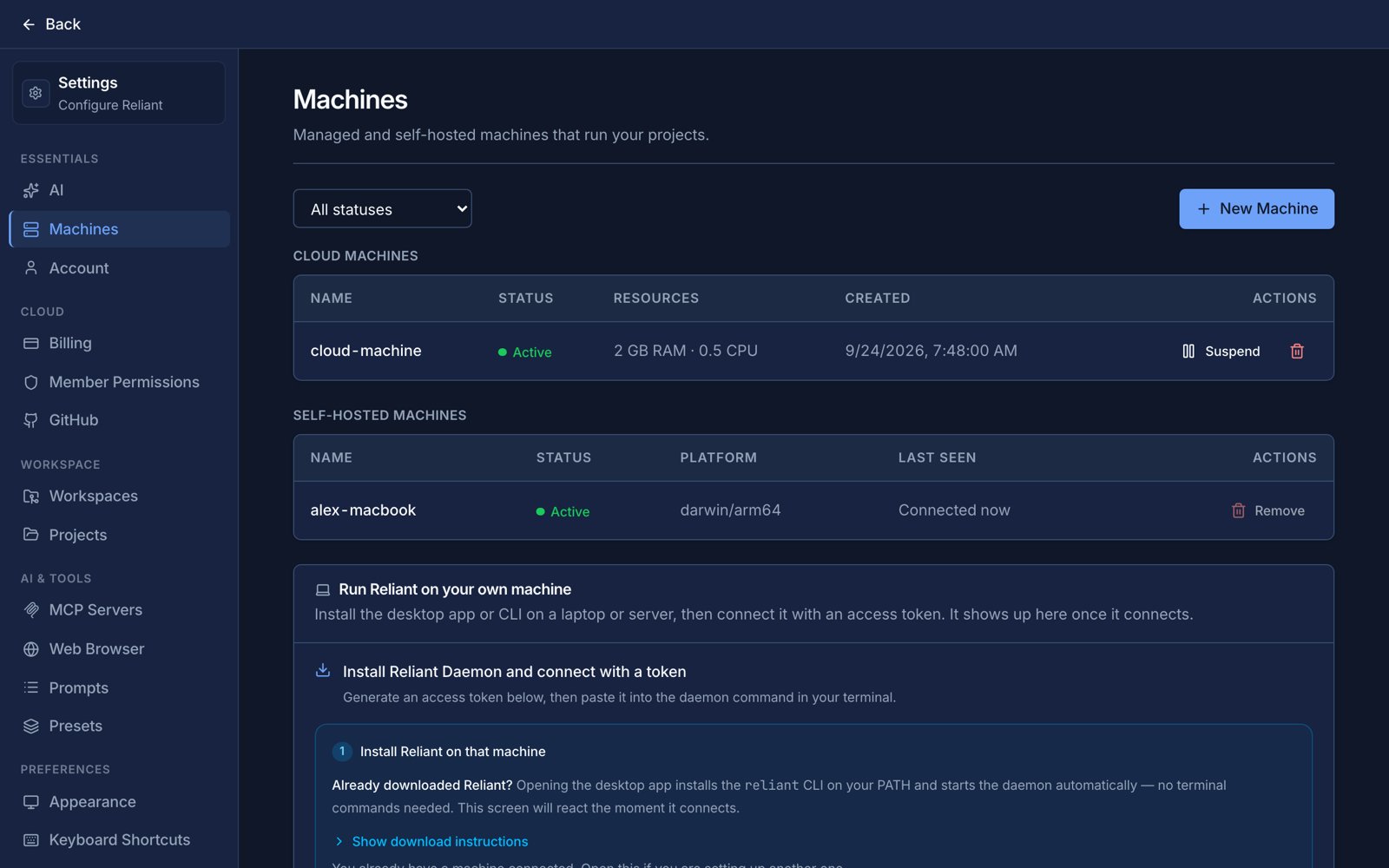 Settings Machines page with a running cloud machine