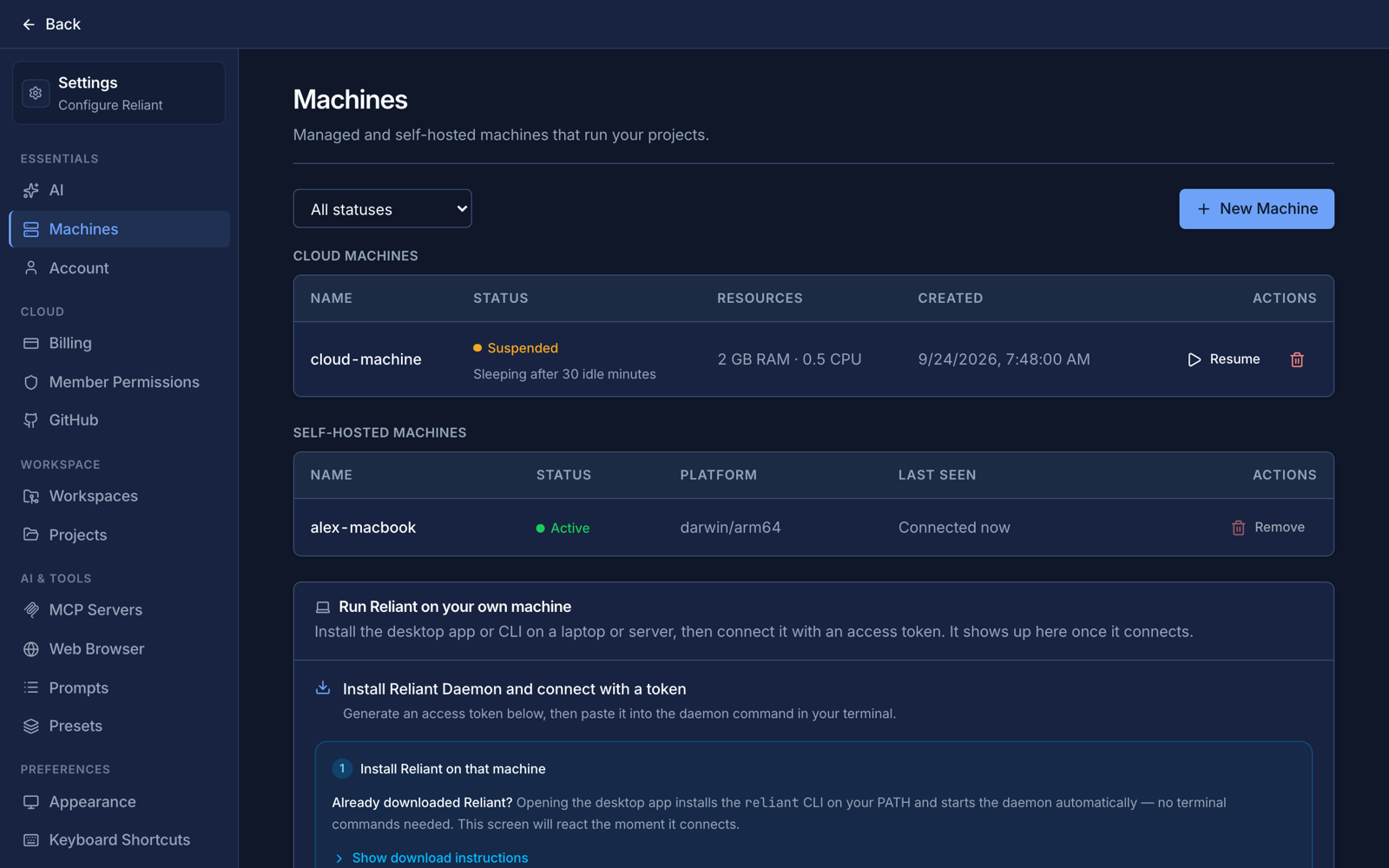 Settings Machines page with a suspended cloud machine