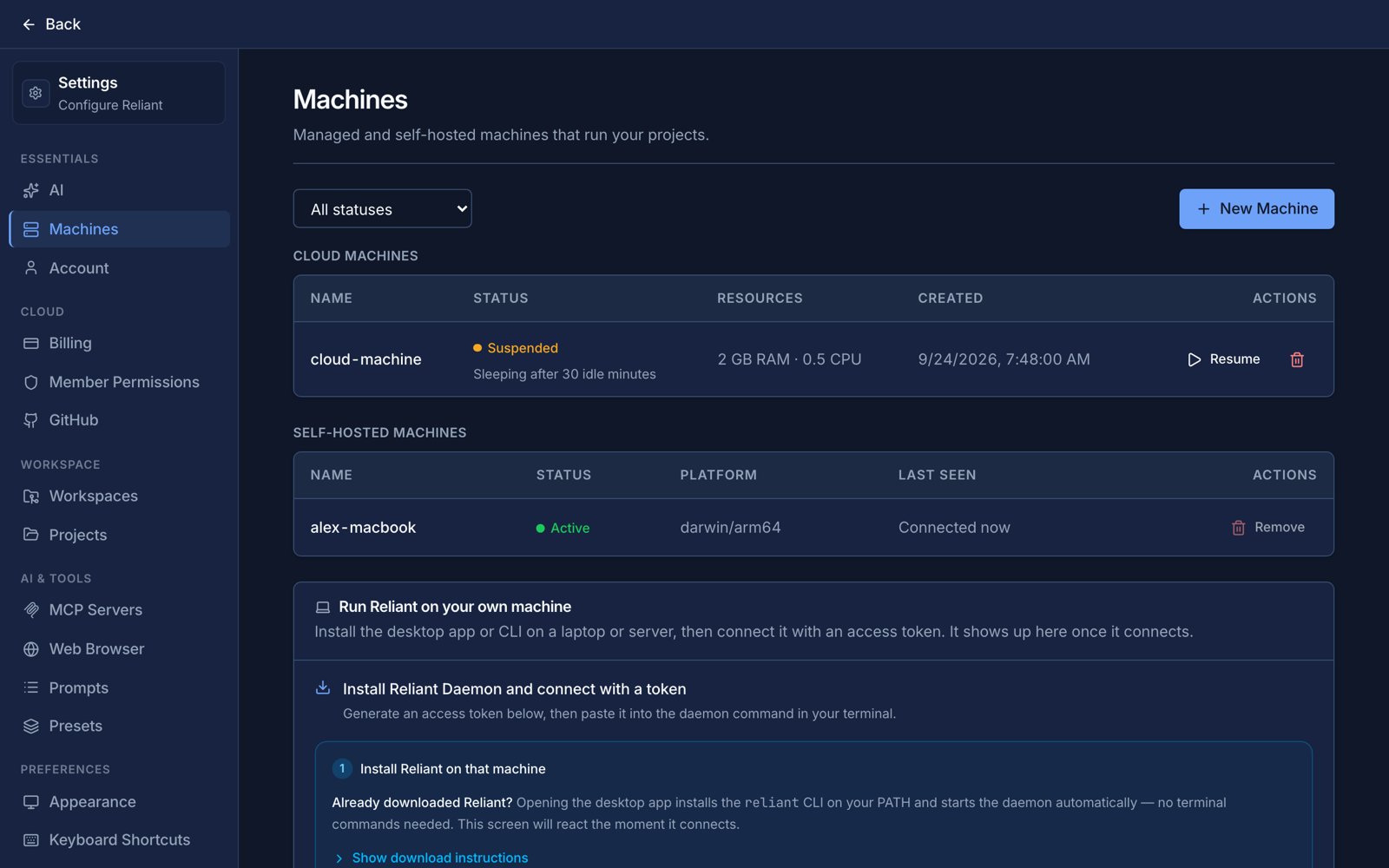Settings Machines page with a suspended cloud machine