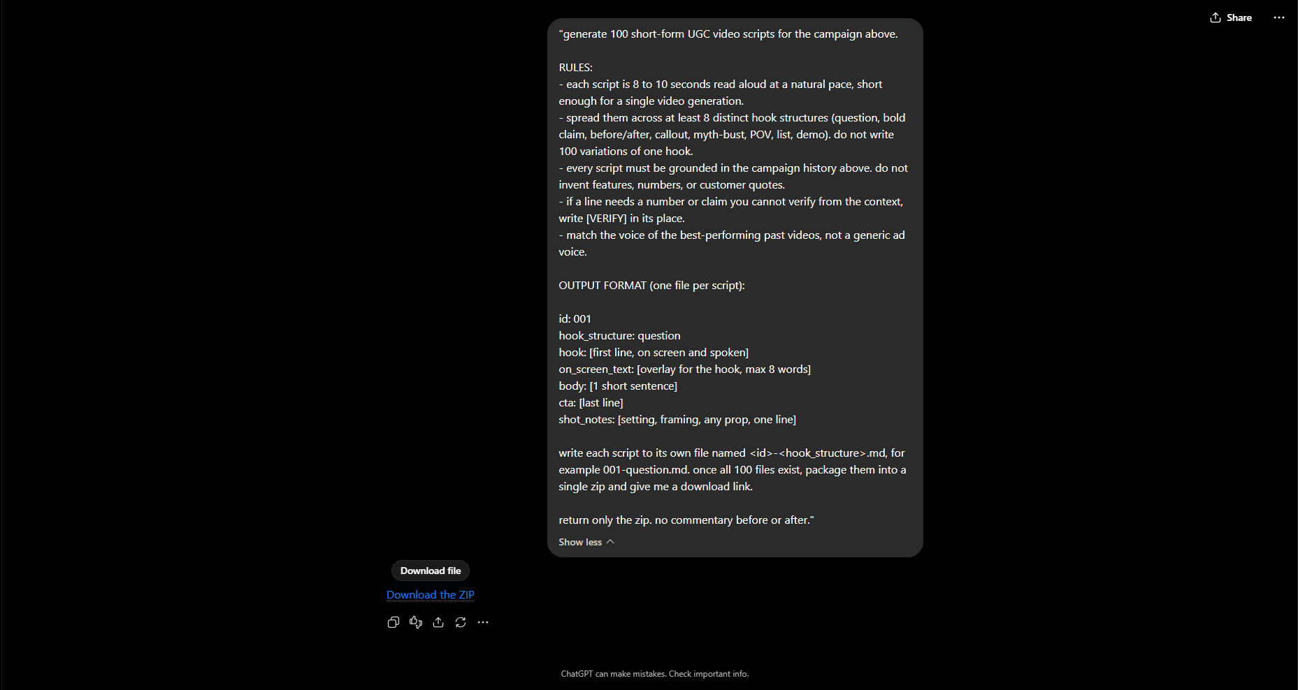 GPT-6 Astra running the batch prompt and returning a Download file / Download the ZIP link