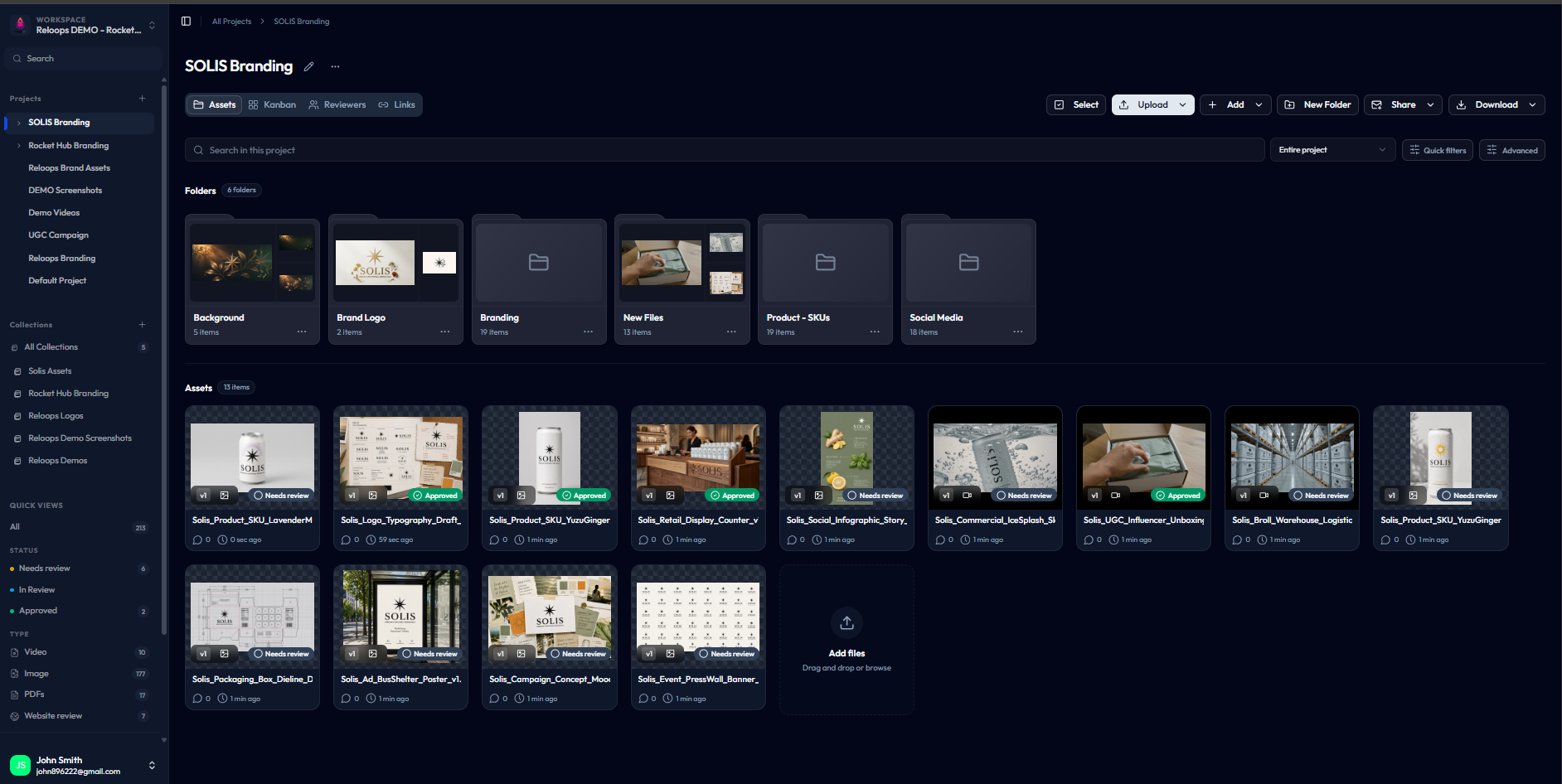 Reloops project Assets view showing prepared folders and asset cards